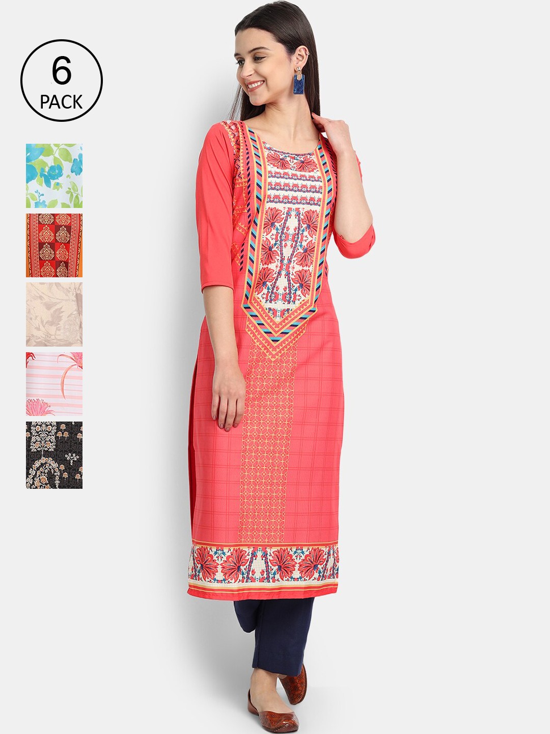 

7Threads Women Pack of 6 Ethnic Motifs Printed Kurtas, Multi