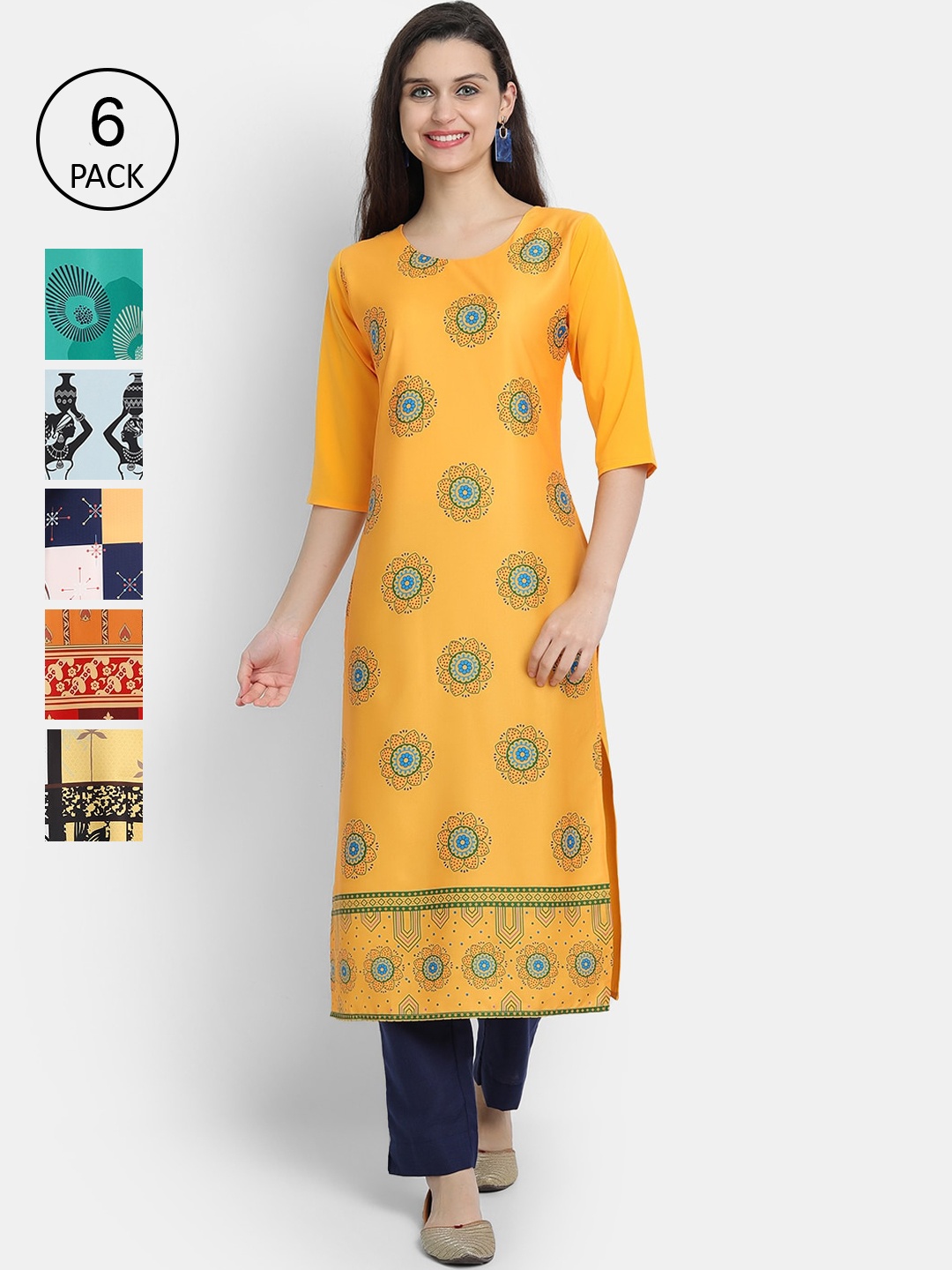 

7Threads Women Pack of 6 Digital Printed Straight Crepe Kurtas, Yellow
