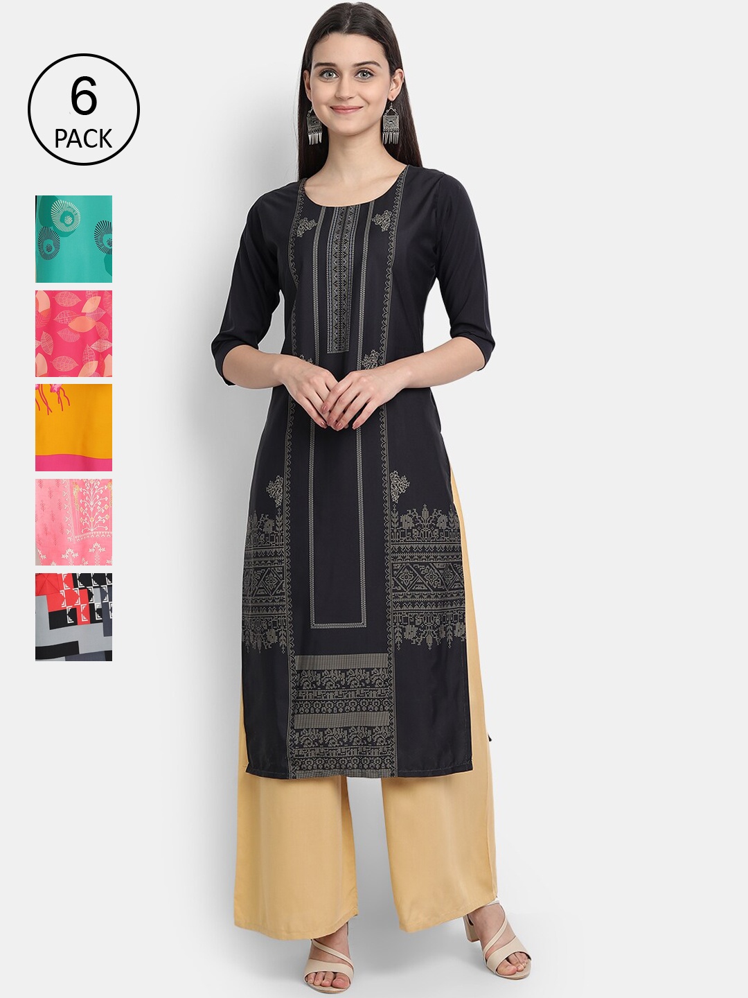 

7Threads Women Multicoloured Pack Of 6 Crepe Kurta, Multi