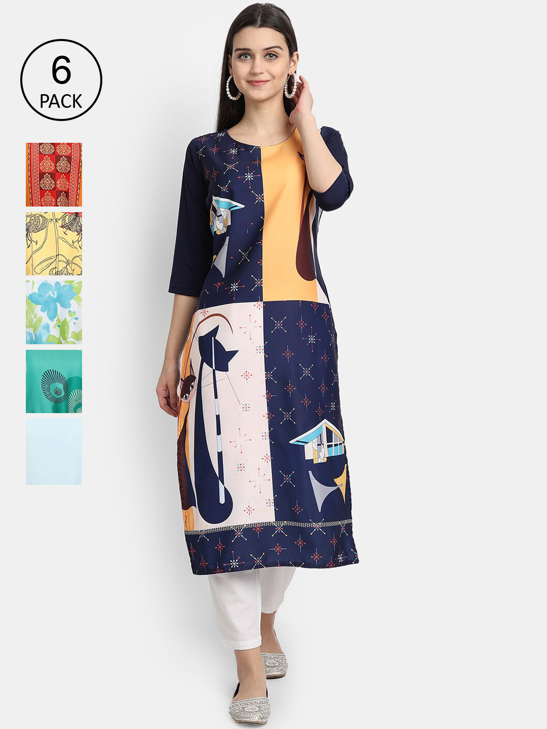 

7Threads Women Pack of 6 Ethnic Motifs Printed Crepe Kurta, Blue