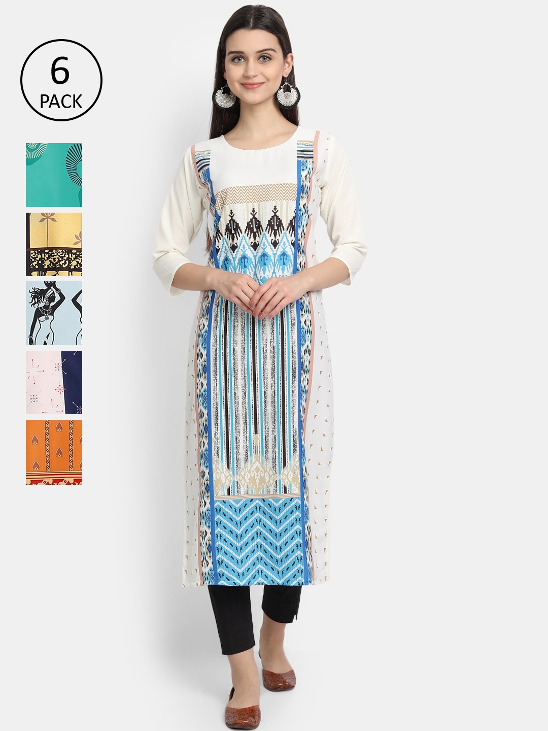 

7Threads Women Pack of 6 Digital Printed Straight Crepe Kurtas, Multi