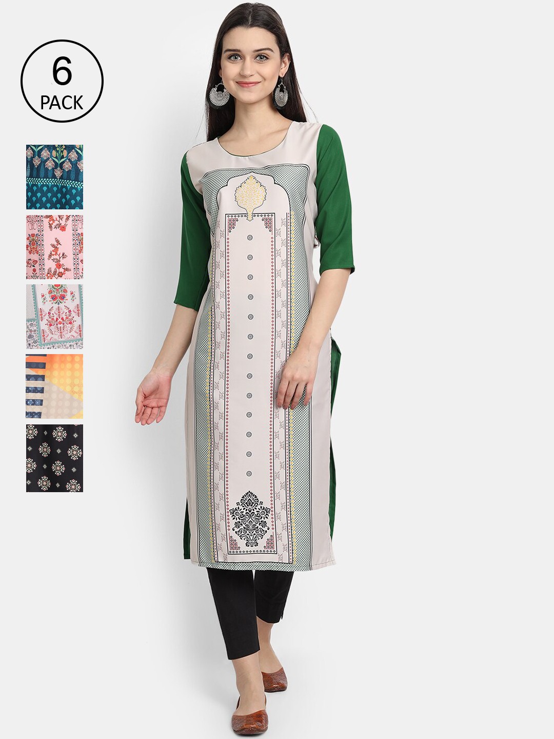 

7Threads Women Pack of 6 Printed Crepe Kurtas, Pink