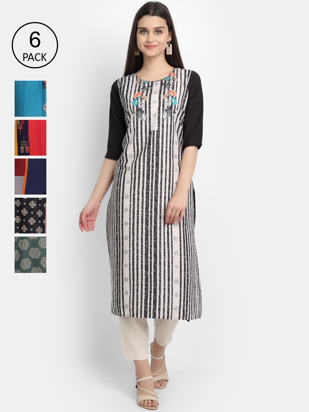 

7Threads Women Multicoloured Striped Thread Work Crepe Kurta, Multi