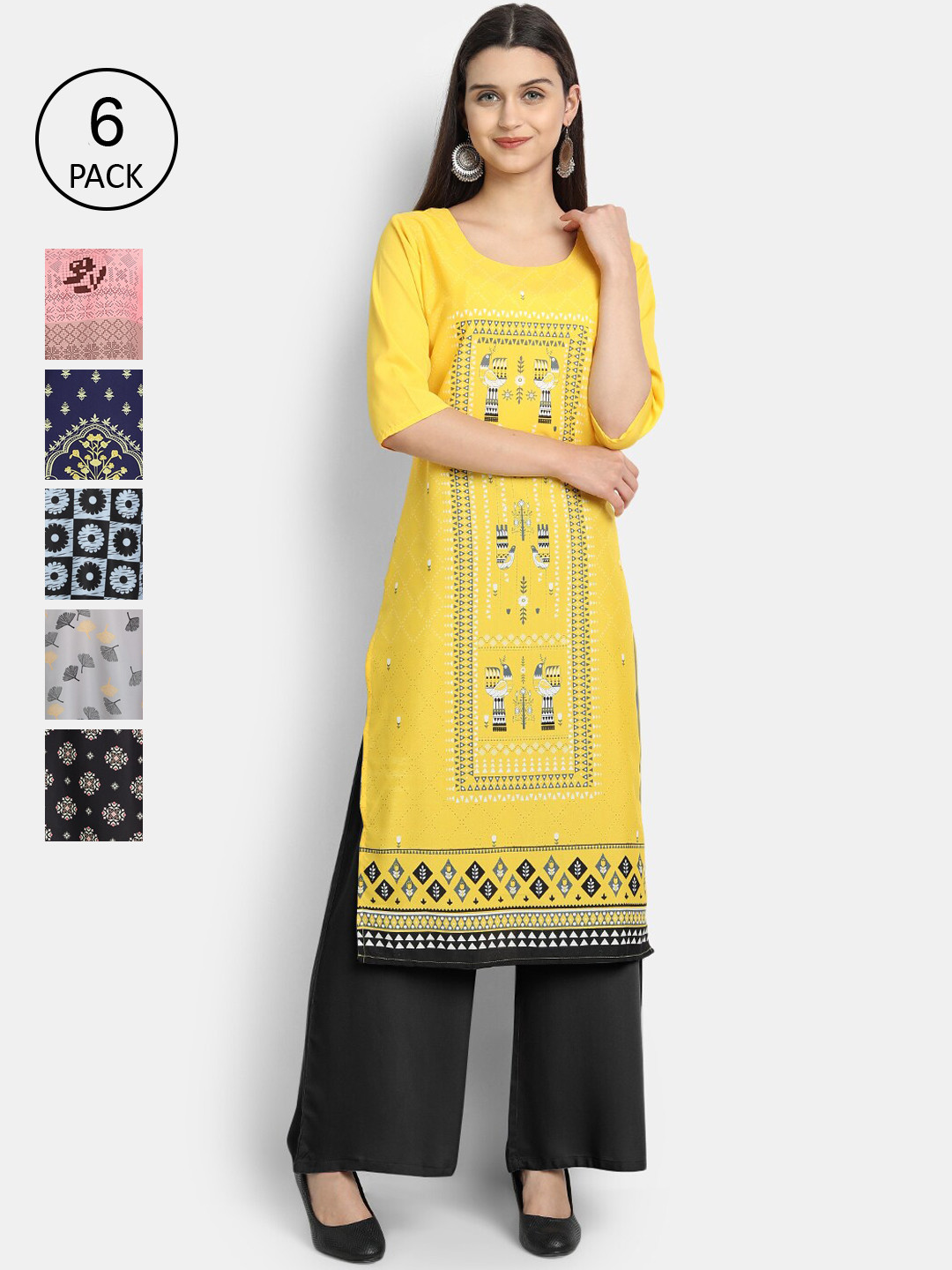 

7Threads Women Pack of 6 Multicoloured Printed Crepe Straight Kurta, Multi
