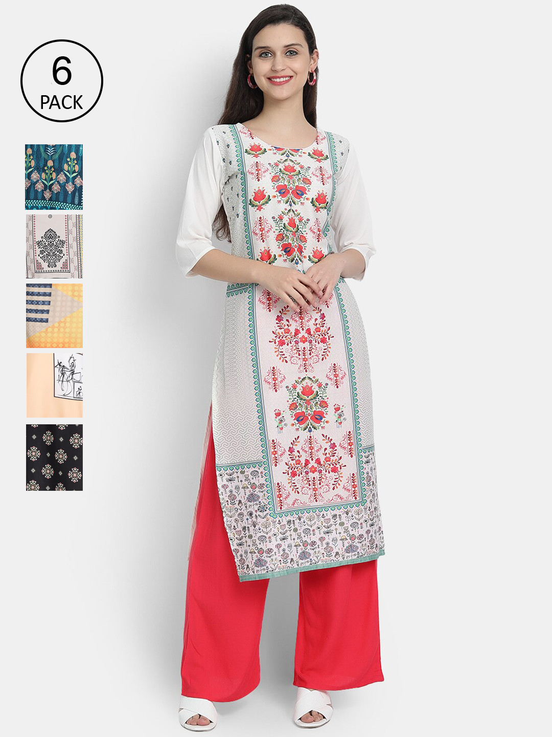 

7Threads Women Pack of 6 Ethnic Motifs Printed Kurtas, Multi