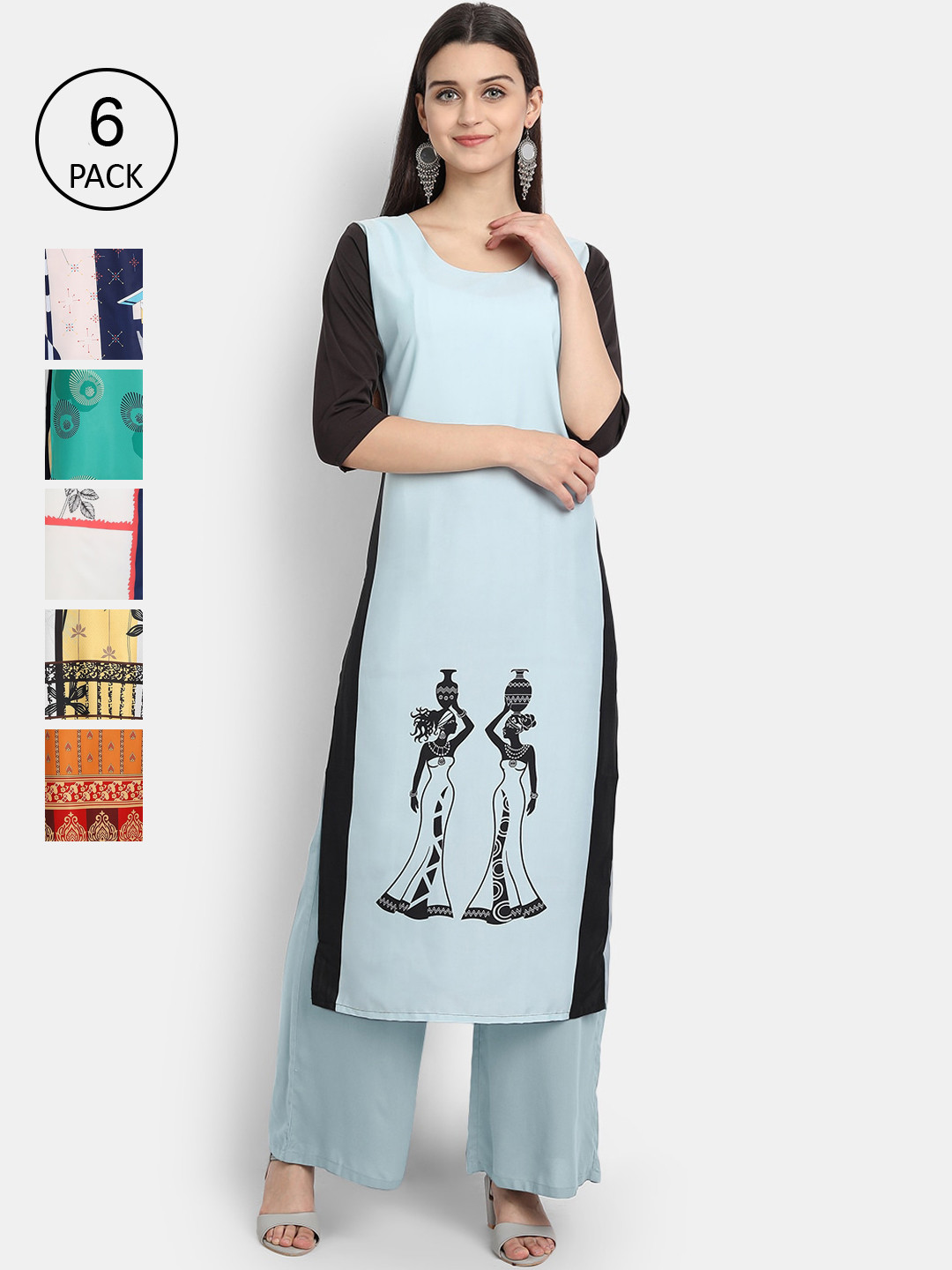 

7Threads Women Pack of 6 Digital Printed Straight Crepe Kurtas, Multi