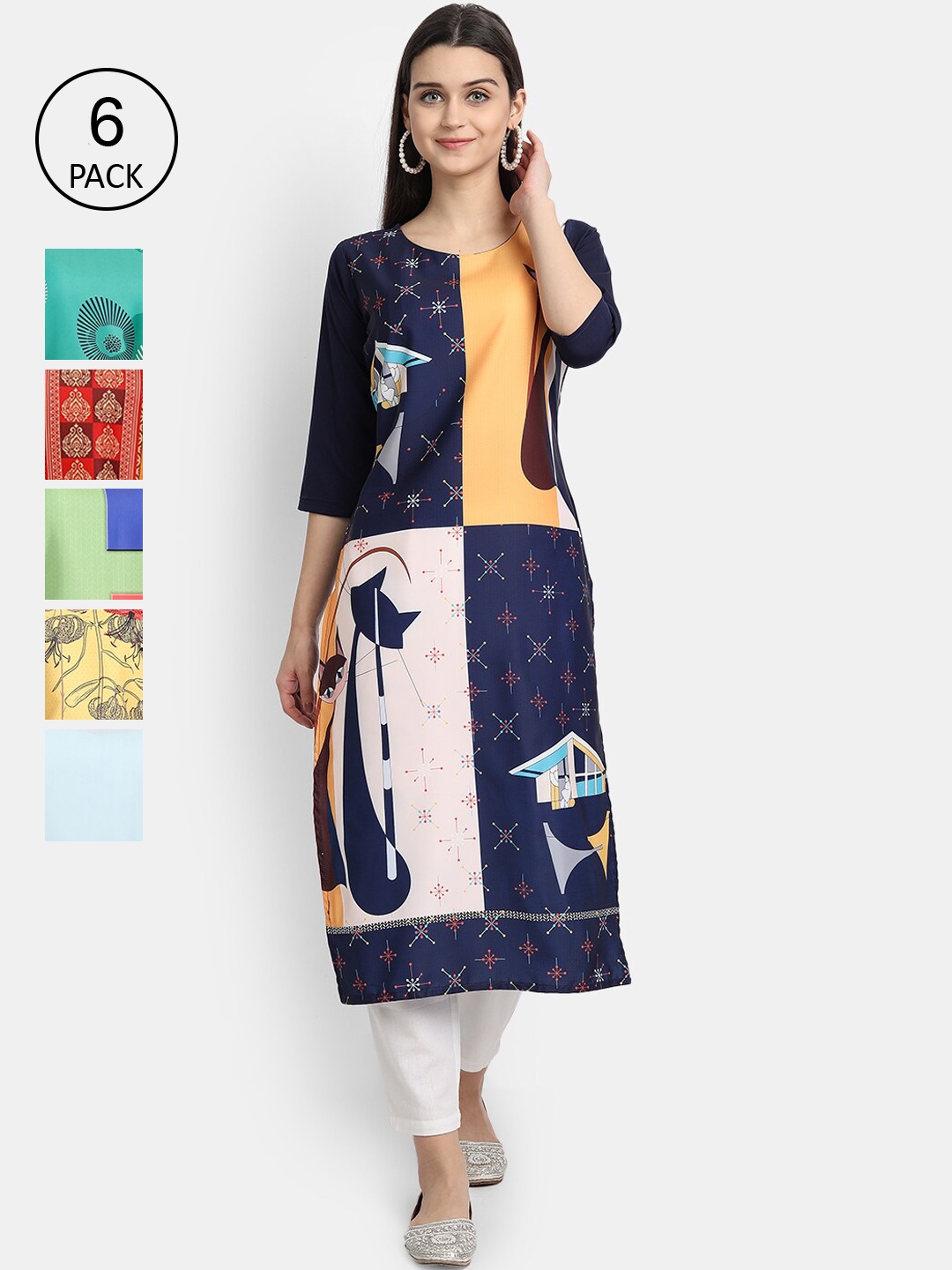 

7Threads Women Pack of 6 Quirky Kurtas, Multi