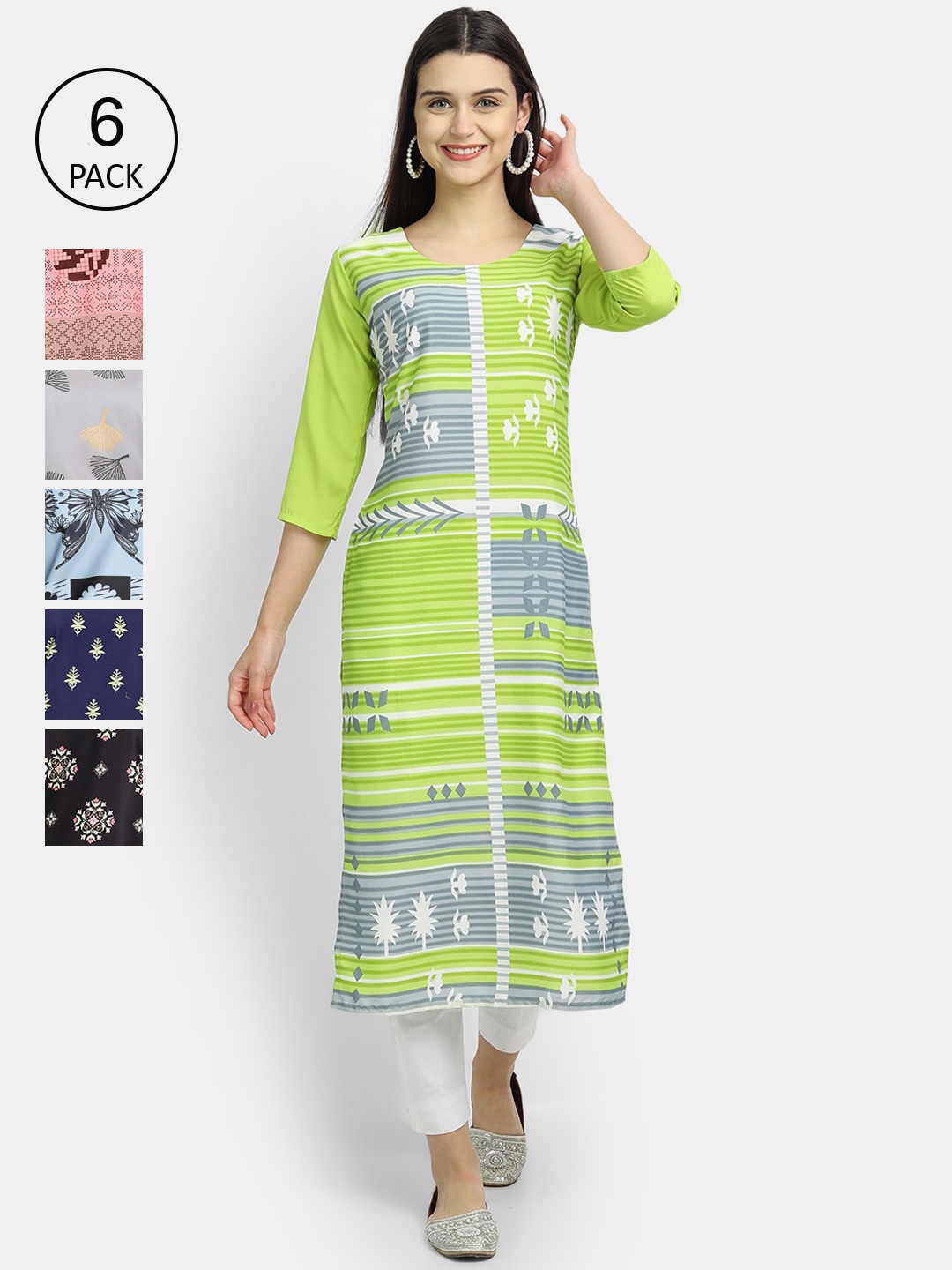 

7Threads Women Pack Of 6 Ethnic Motifs Printed Crepe Kurta, Multi
