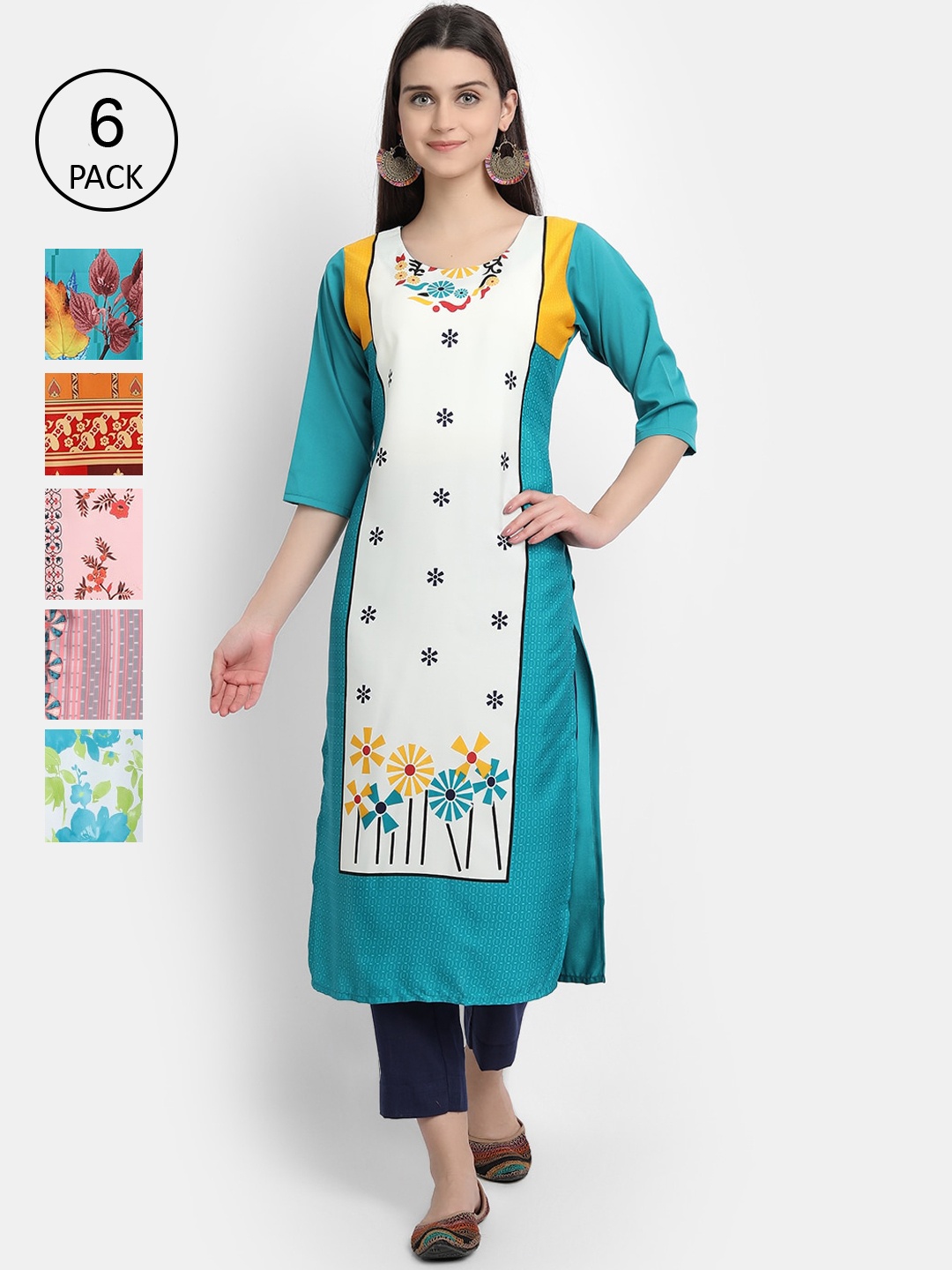 

7Threads Women Pack of 6 Floral Embroidered Thread Work Kurtas, Multi
