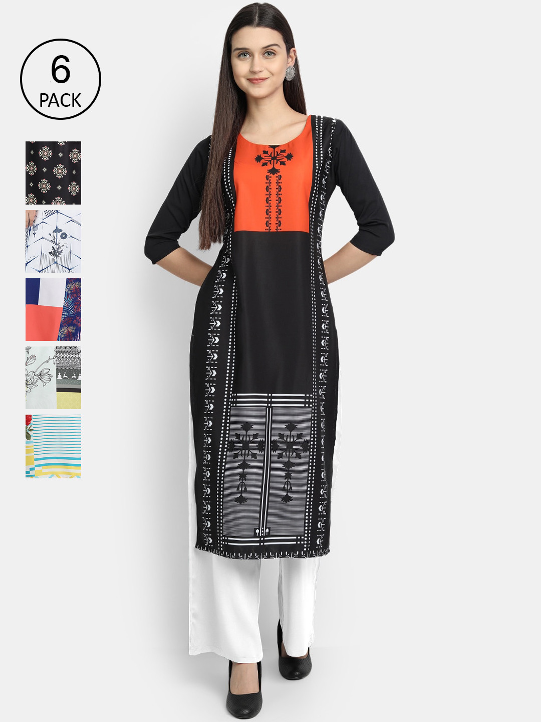 

7Threads Women Pack of 6 Geometric Kurtas, Multi