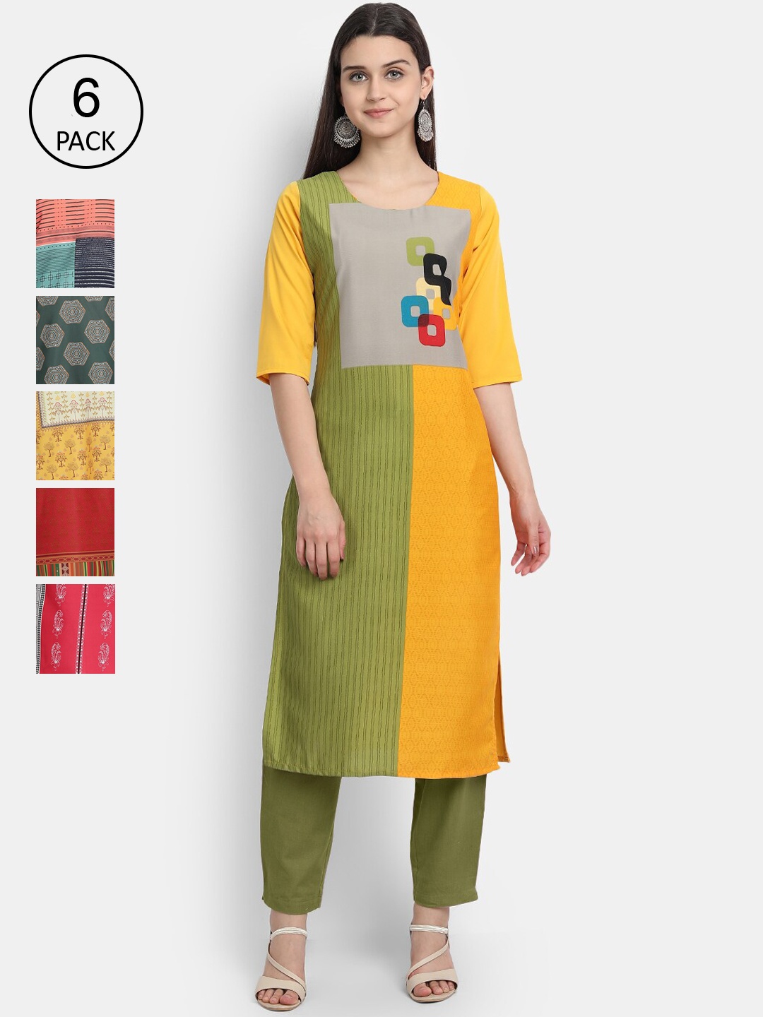 

7Threads Women Pack Of 6 Geom etric Printed Crepe Kurta, Yellow