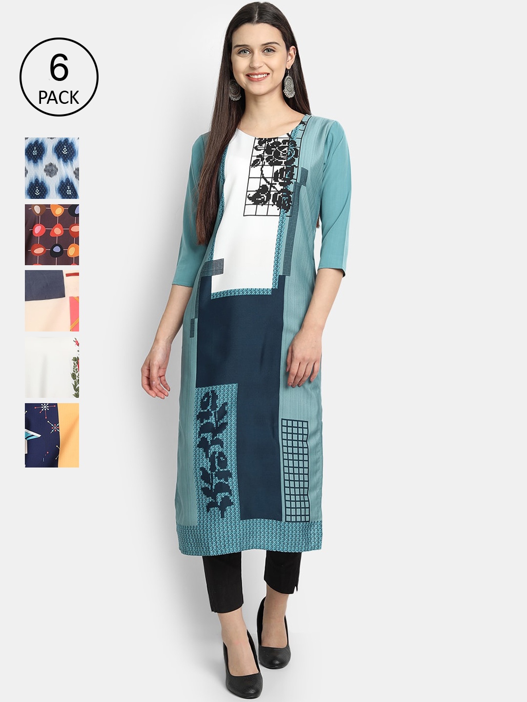 

7Threads Women Pack of 6 Digital Printed Straight Crepe Kurtas, Multi