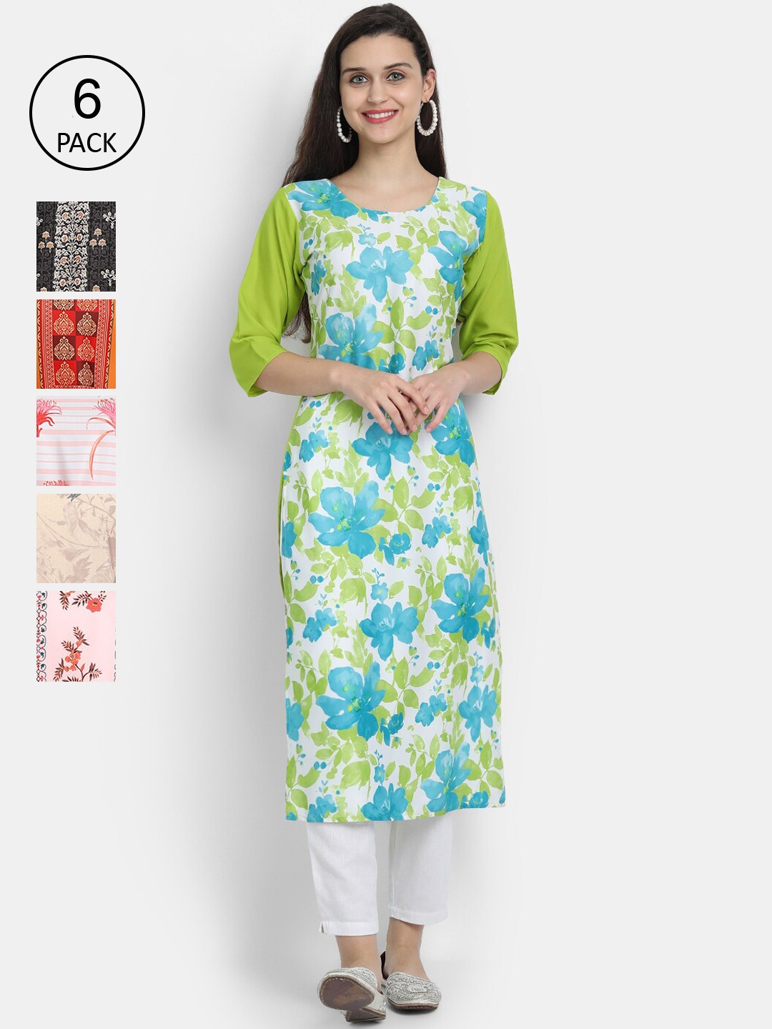 

7Threads Women Pack Of 6 Ethnic Motifs Printed Crepe Kurta, Pink