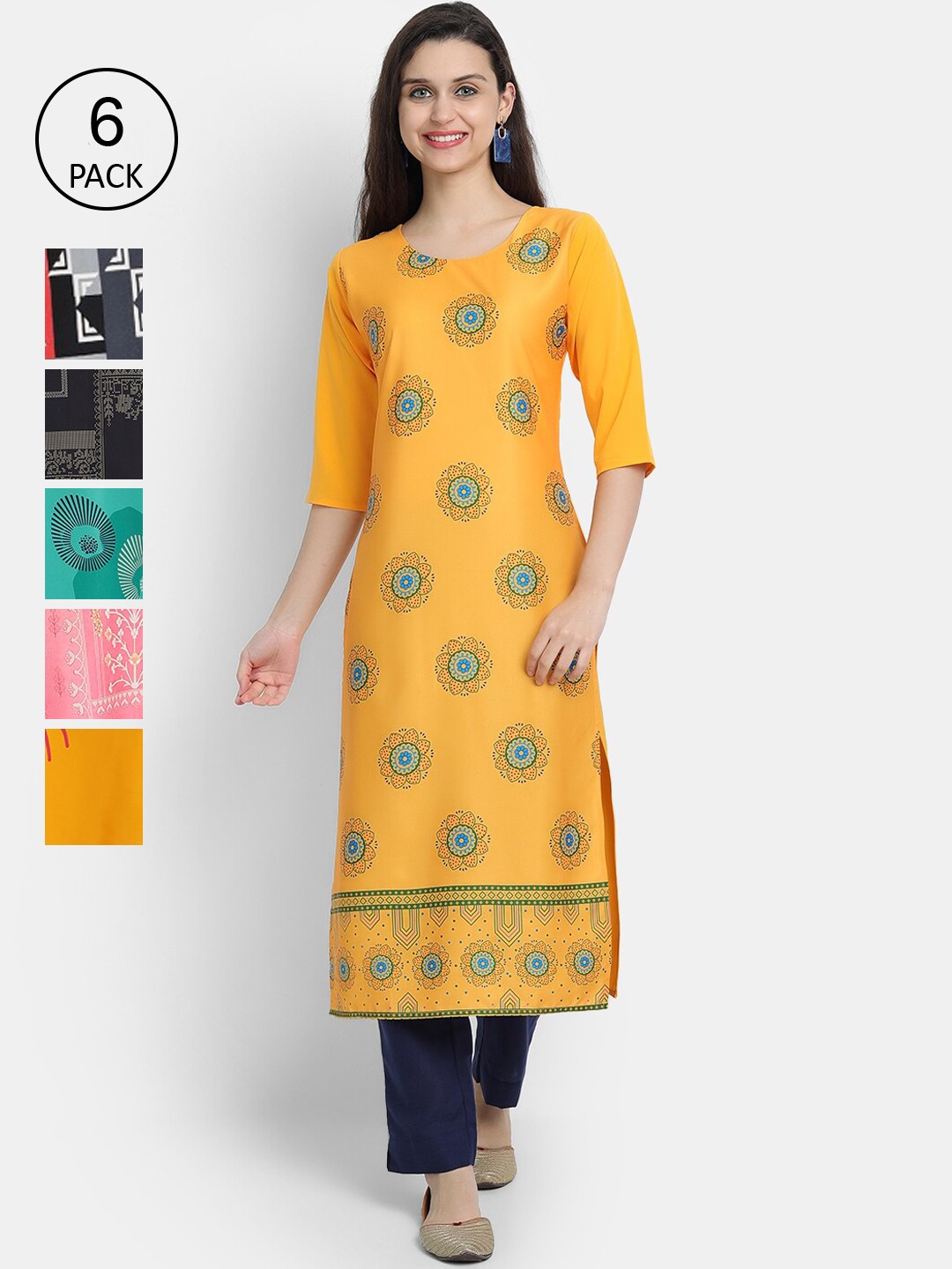 

7Threads Women Multicoloured Ethnic Motifs Embroidered Keyhole Neck Mirror Work Crepe Kurta, Multi