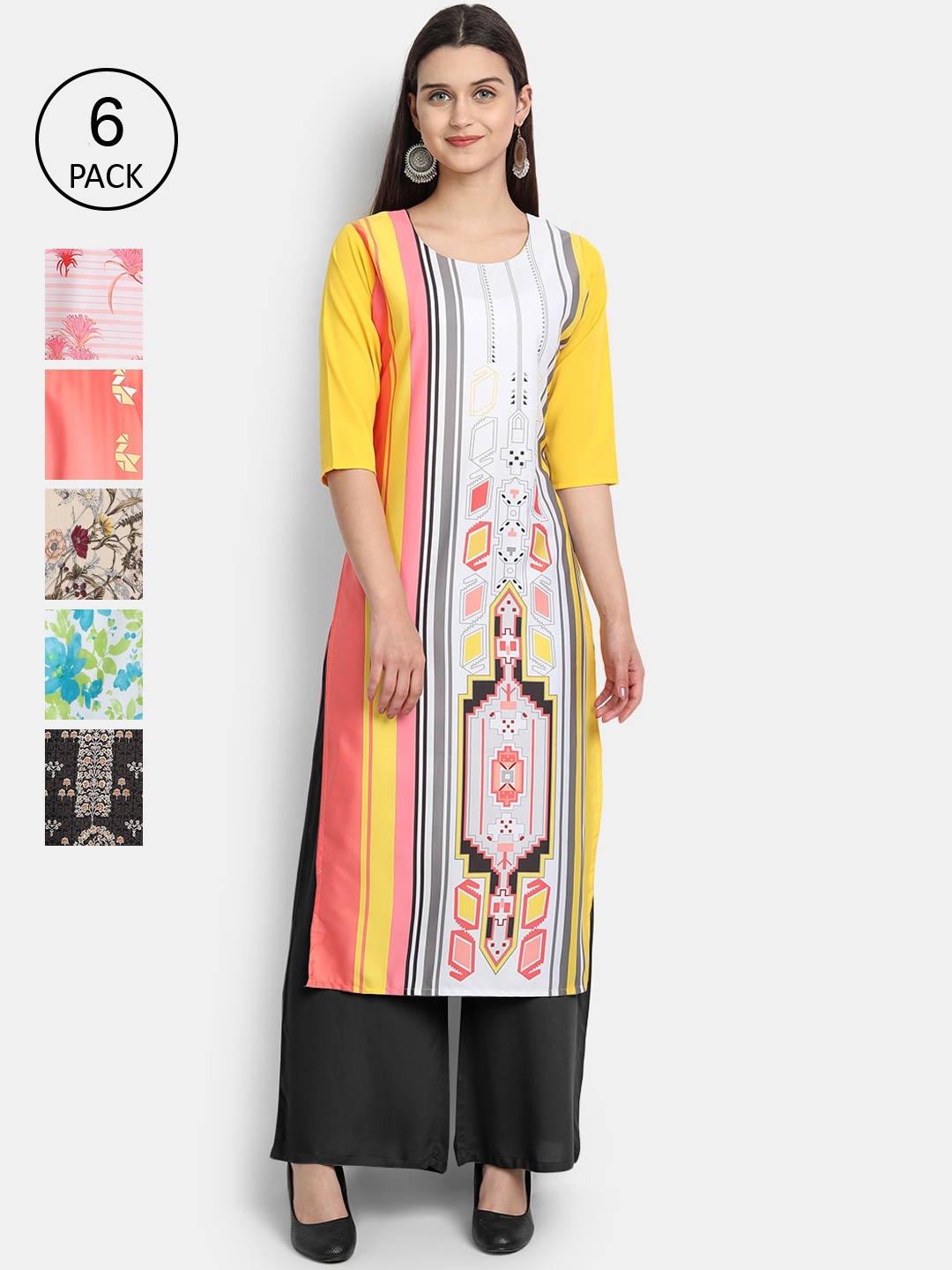

7Threads Women Pack of 6 Digital Printed Straight Crepe Kurtas, Multi