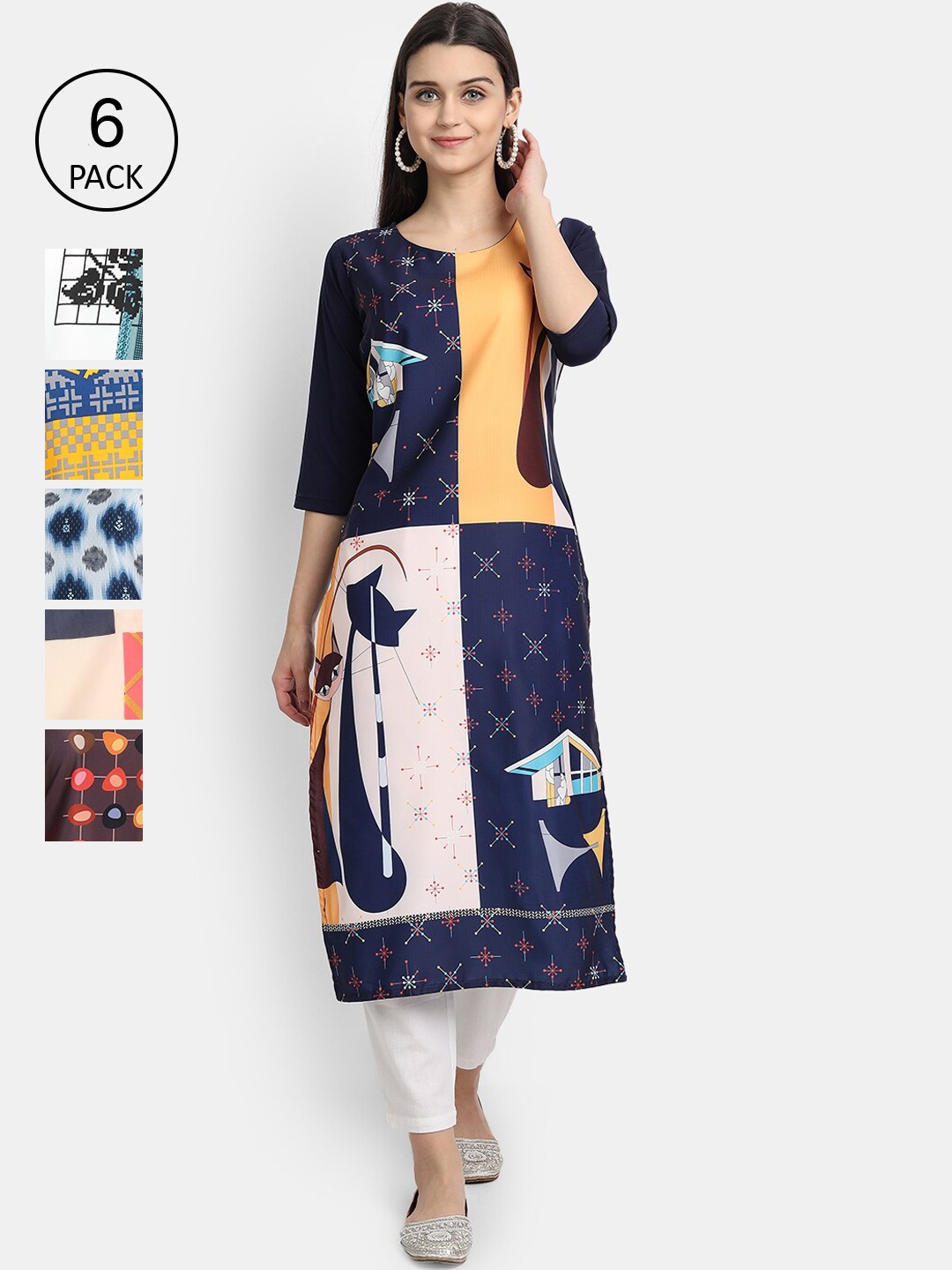 

7Threads Women Pack of 6 Geometric Kurtas, Multi