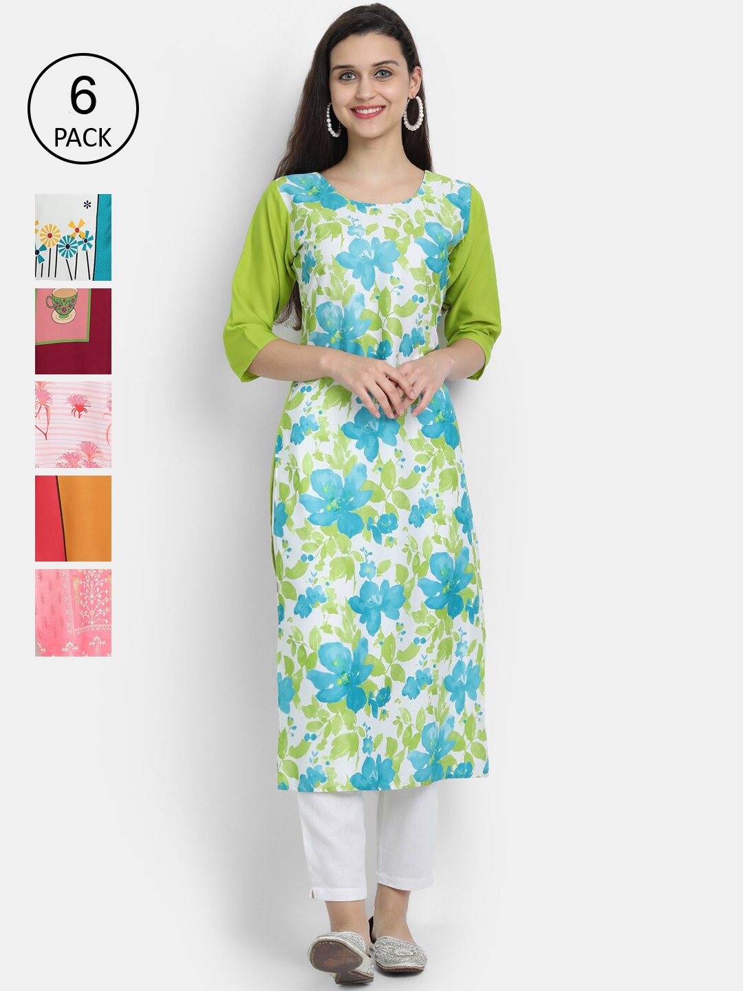 

7Threads Women Pack of 6 Digital Printed Straight Crepe Kurtas, Multi