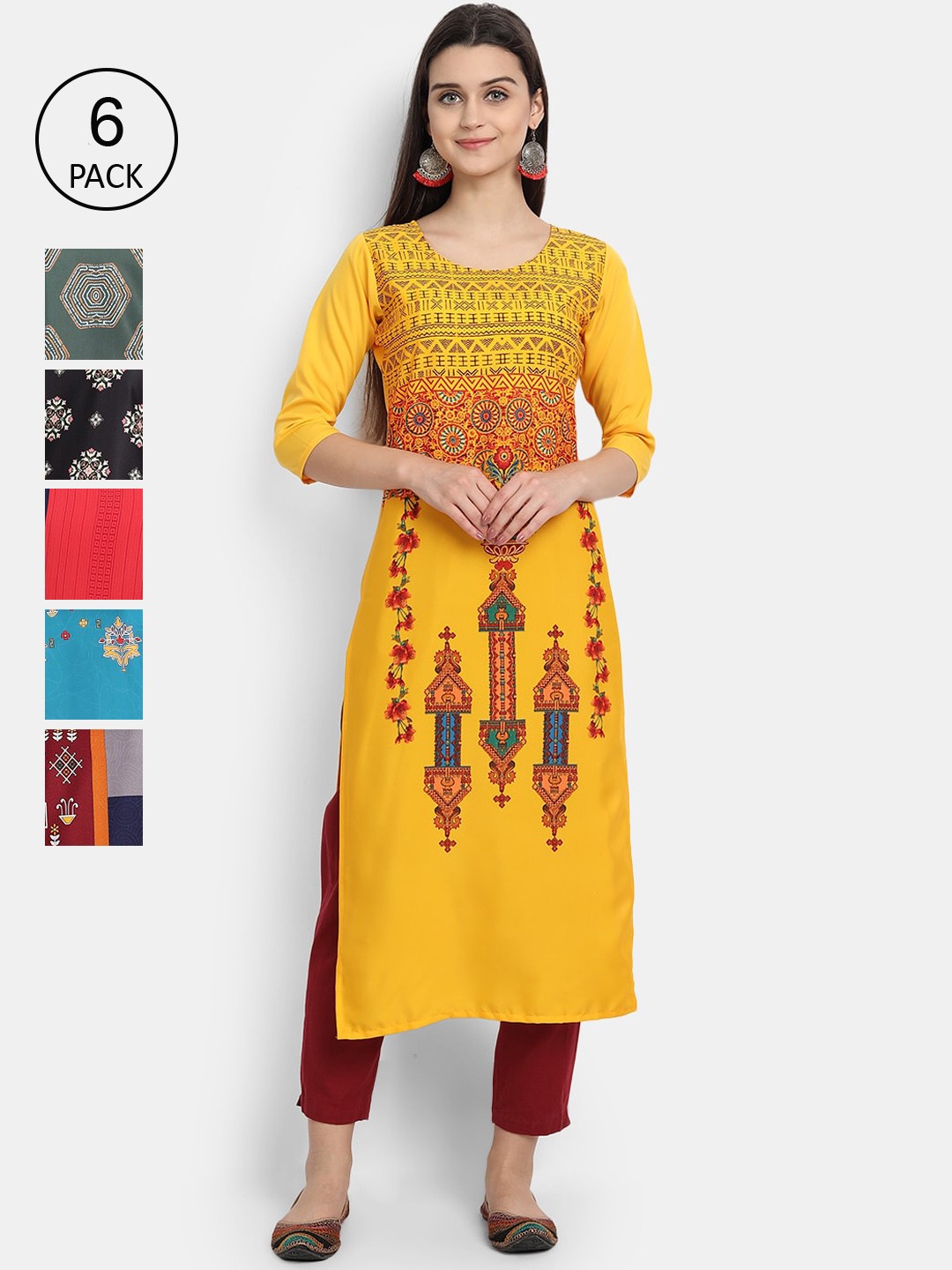 

7Threads Women Pack Of 6 Ethnic Motifs Printed Crepe Kurta, Yellow