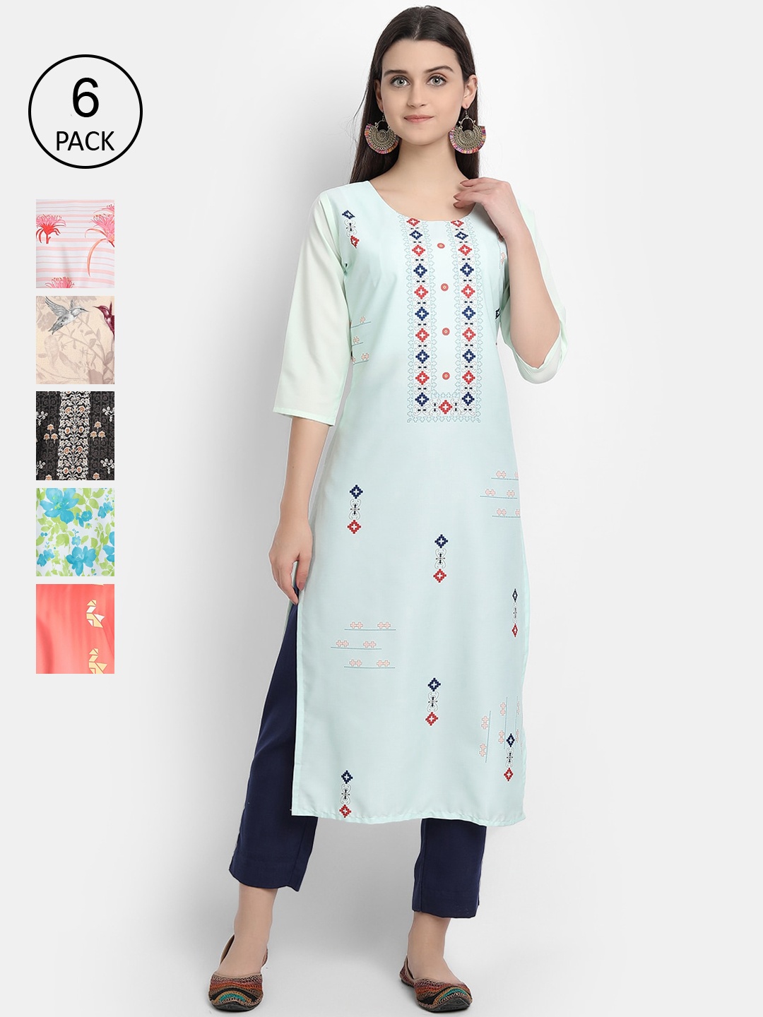 

7Threads Women Pack of 6 Digital Printed Straight Crepe Kurtas, Multi