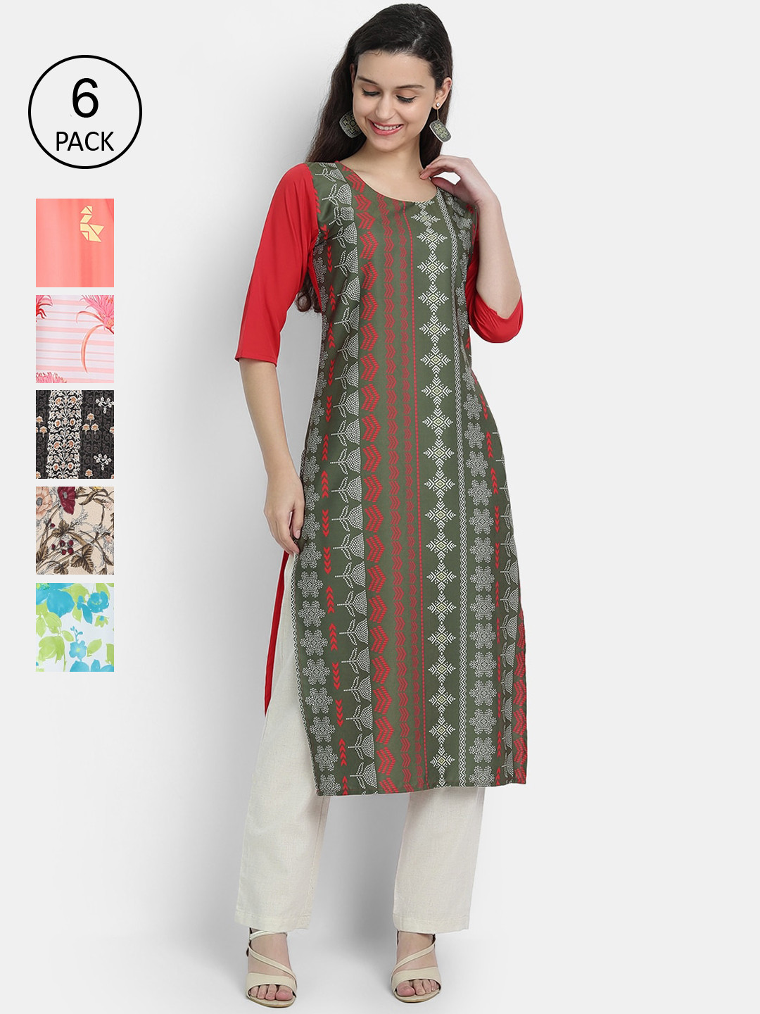 

7Threads Women Pack Of 6 Ethnic Motifs Printed Crepe Kurta, Green