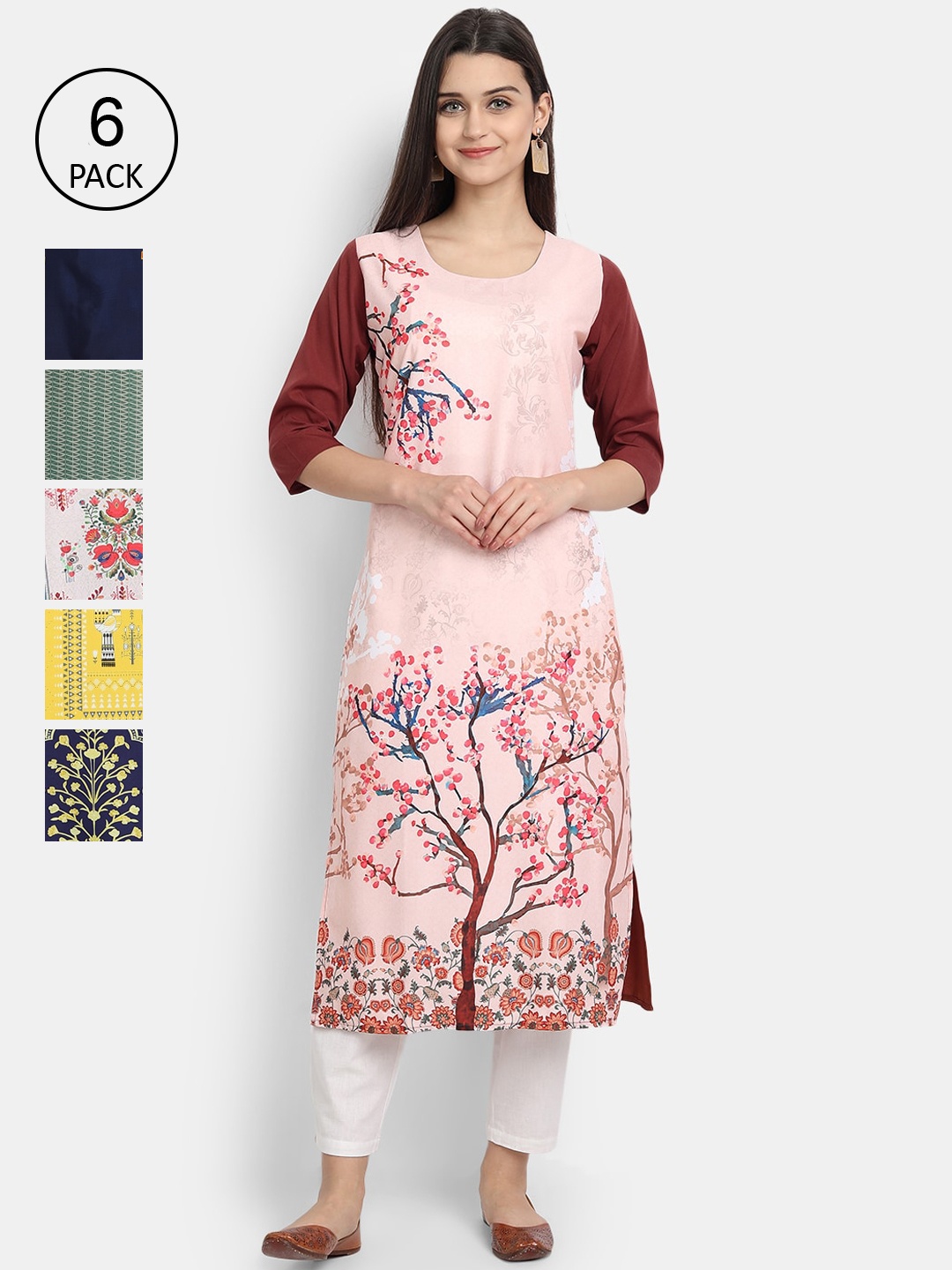 

7Threads Women Pack Of 6 Floral Printed Crepe Kurta, Pink