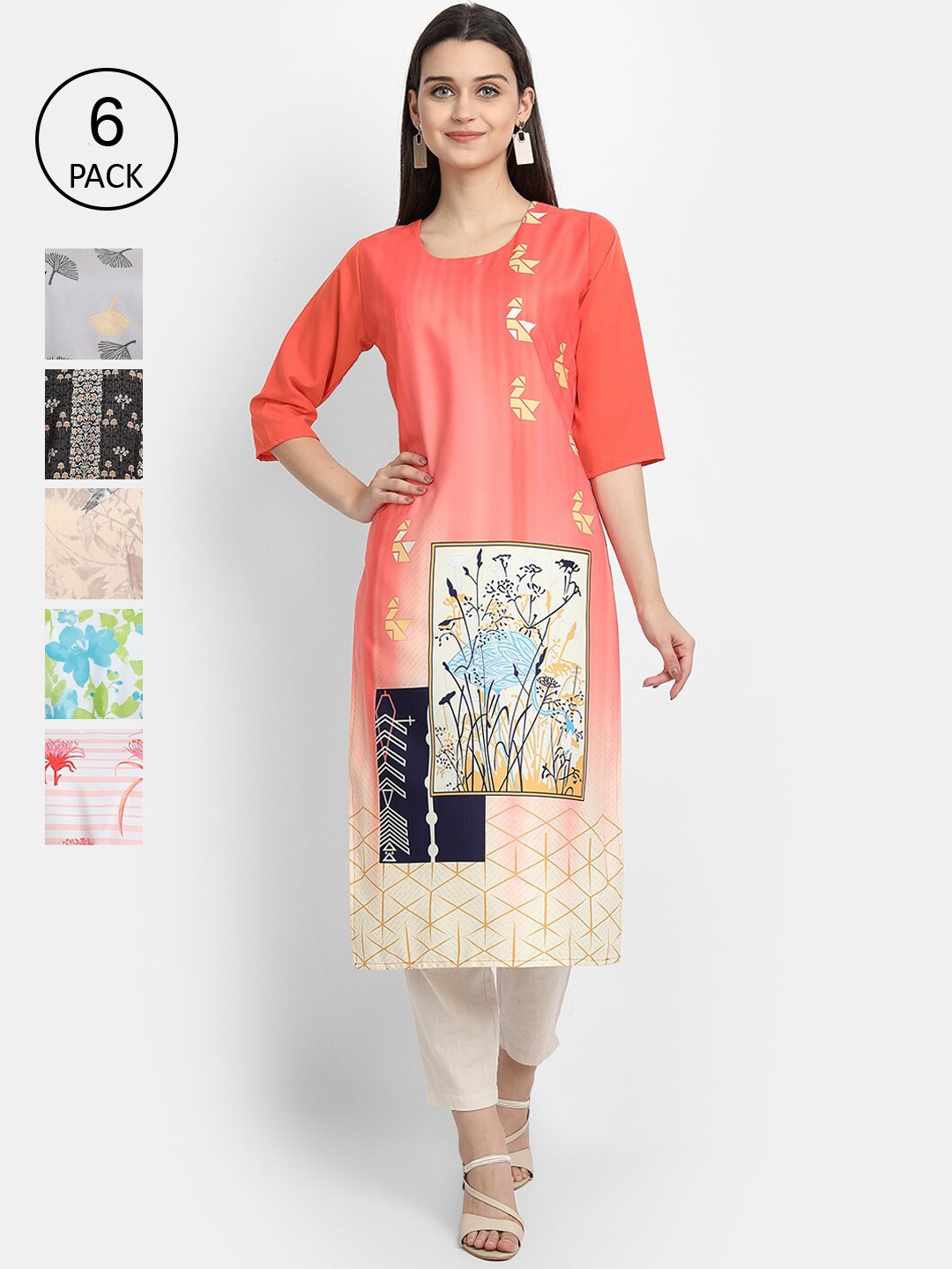 

7Threads Women Pack of 6 Digital Printed Straight Crepe Kurtas, Multi