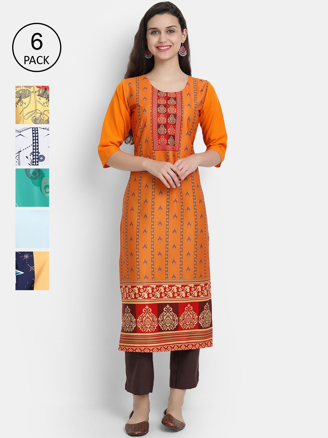 7Threads Women Pack of 6 Ethnic Motifs Printed Kurtas, Multi