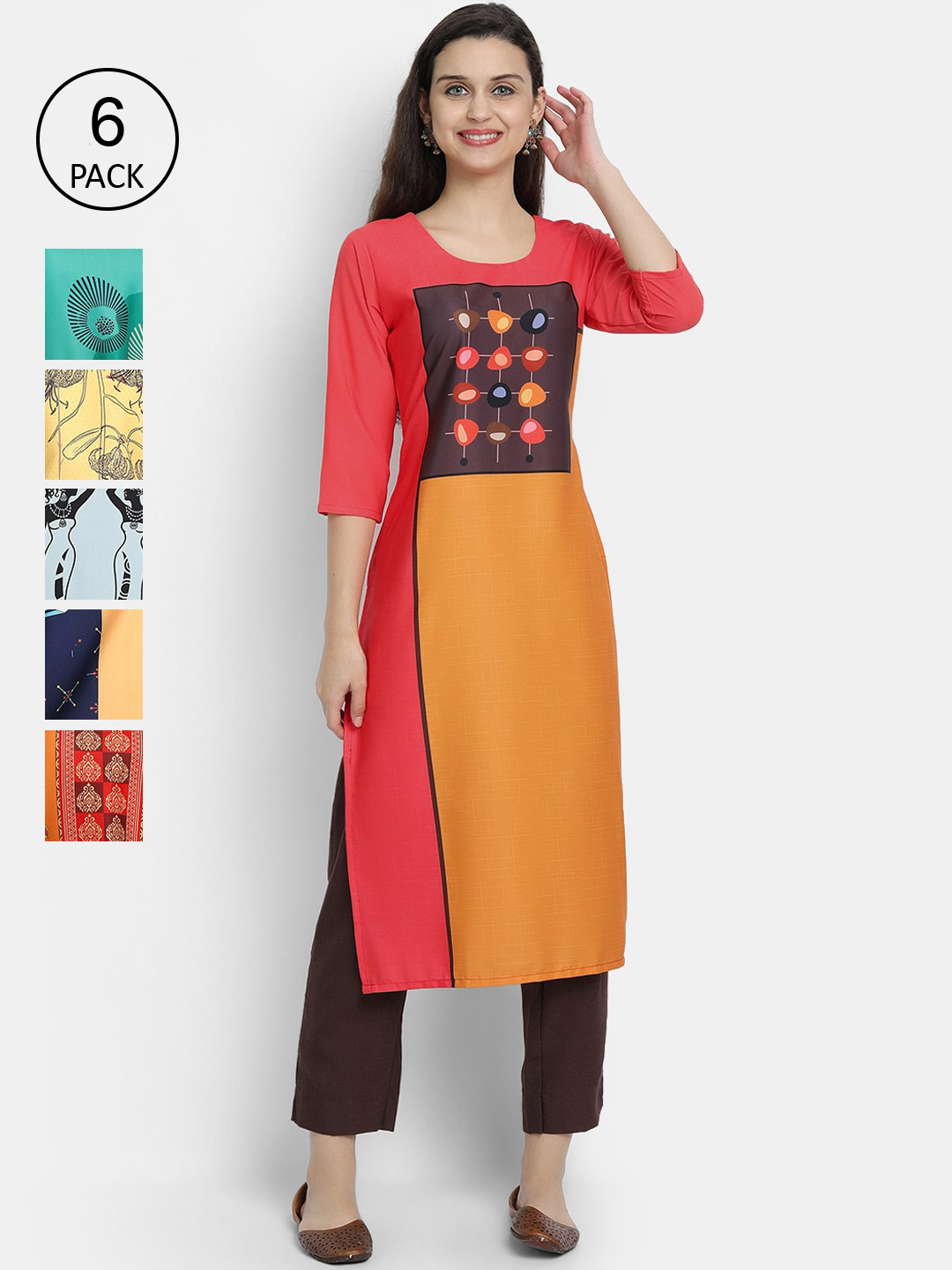 

7Threads Women Pack of 6 Digital Printed Straight Crepe Kurtas, Multi
