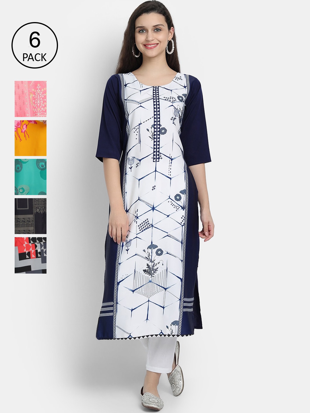 

7Threads Women Pack of 6 Digital Printed Straight Crepe Kurtas, Multi