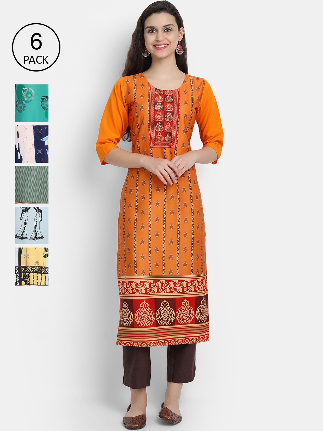 7Threads Women Multicoloured Pack of 6 Ethnic Motifs Embroidered Thread Work Crepe Kurta, Multi