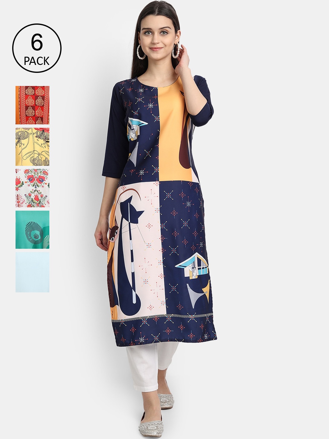 

7Threads Women Multicoloured Ethnic Motifs Printed Thread Work Crepe Kurta, Multi