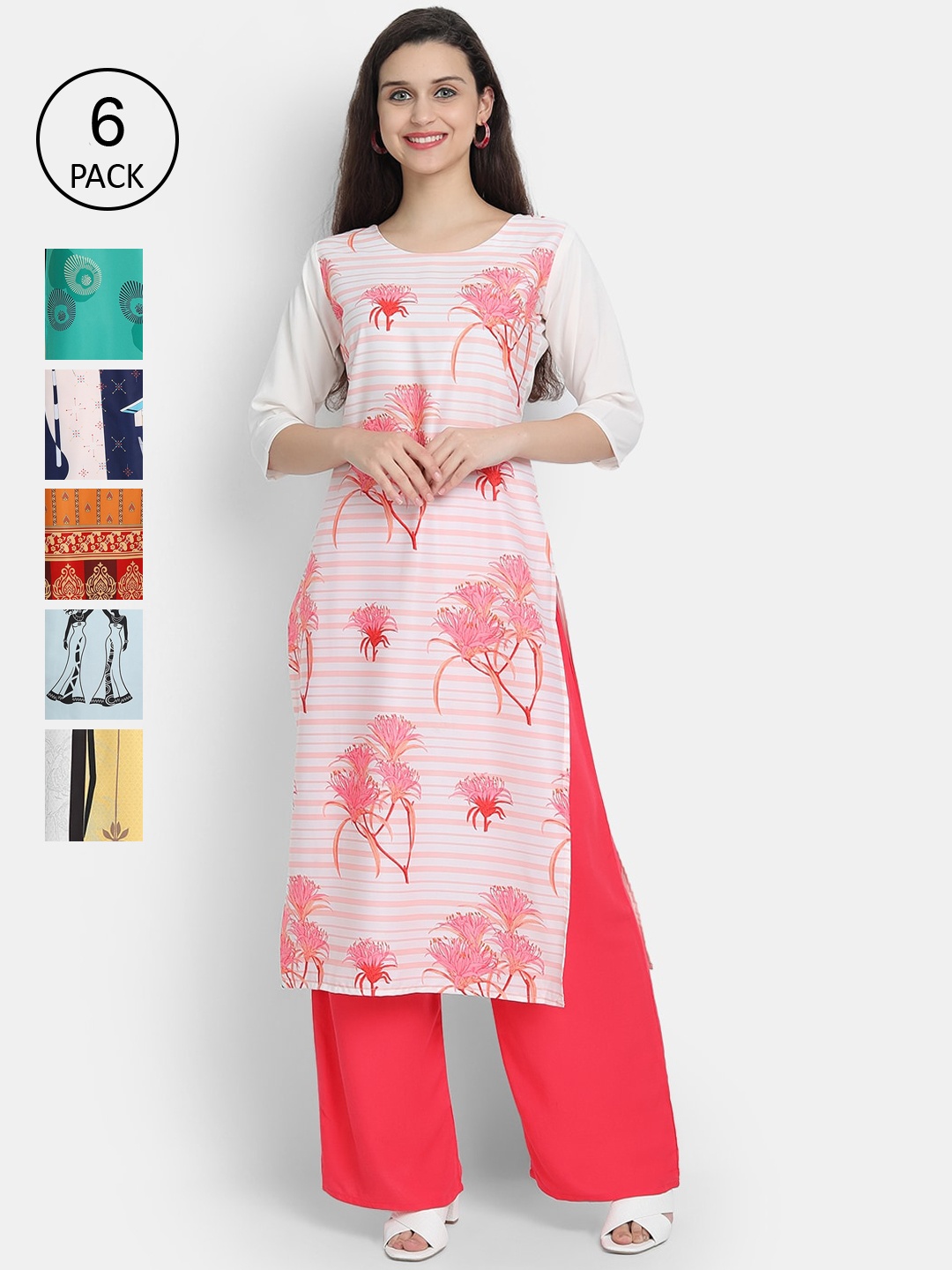

7Threads Women Pack of 6 Quirky Printed Kurtas, Multi