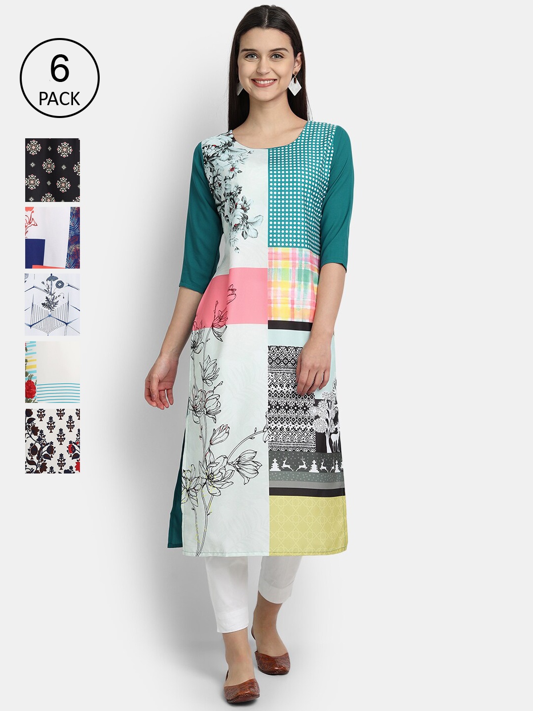 

7Threads Women Pack of 6 Digital Printed Straight Crepe Kurtas, Multi