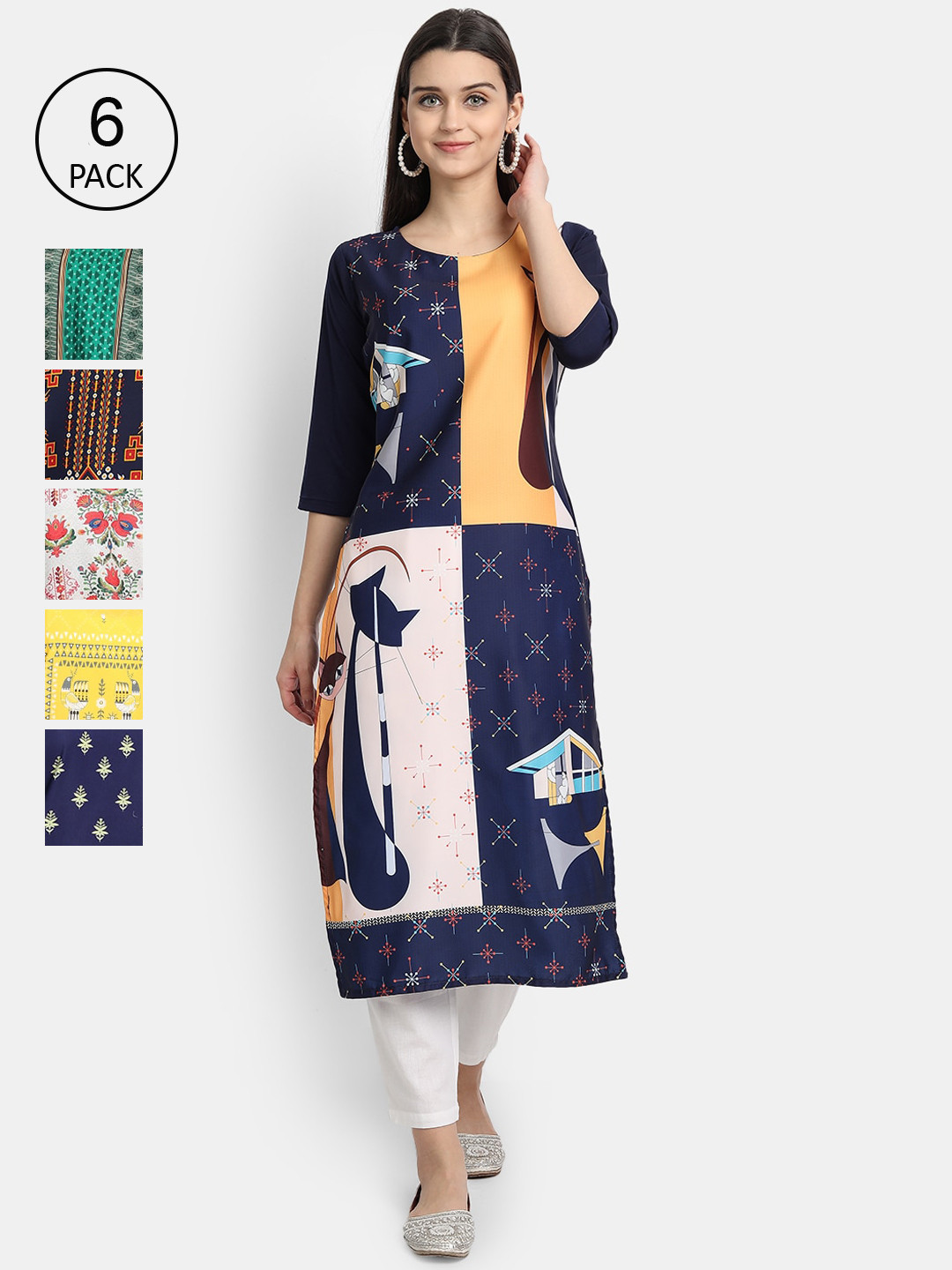 

7Threads Women Pack of 6 Quirky Printed Kurtas, Multi
