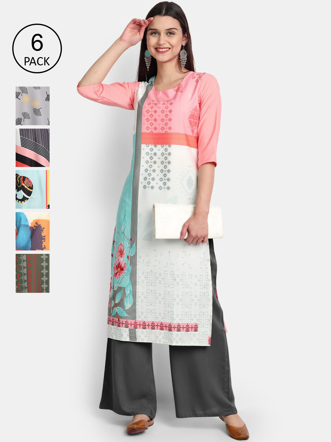 

7Threads Women Pack of 6 Geometric Printed Kurtas, Multi