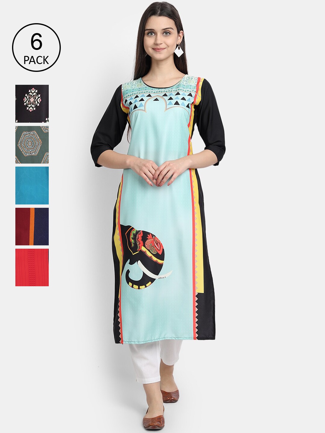 

7Threads Women Pack of 6 Digital Printed Straight Crepe Kurtas, Multi