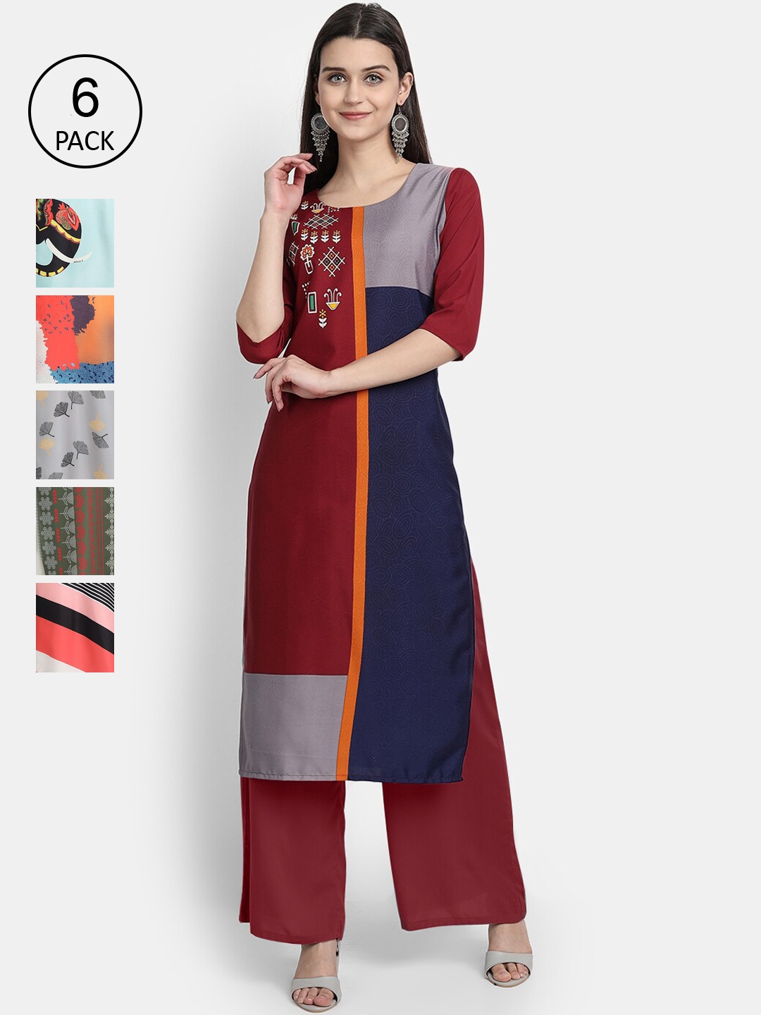 

7Threads Women Pack of 6 Digital Printed Straight Crepe Kurtas, Multi