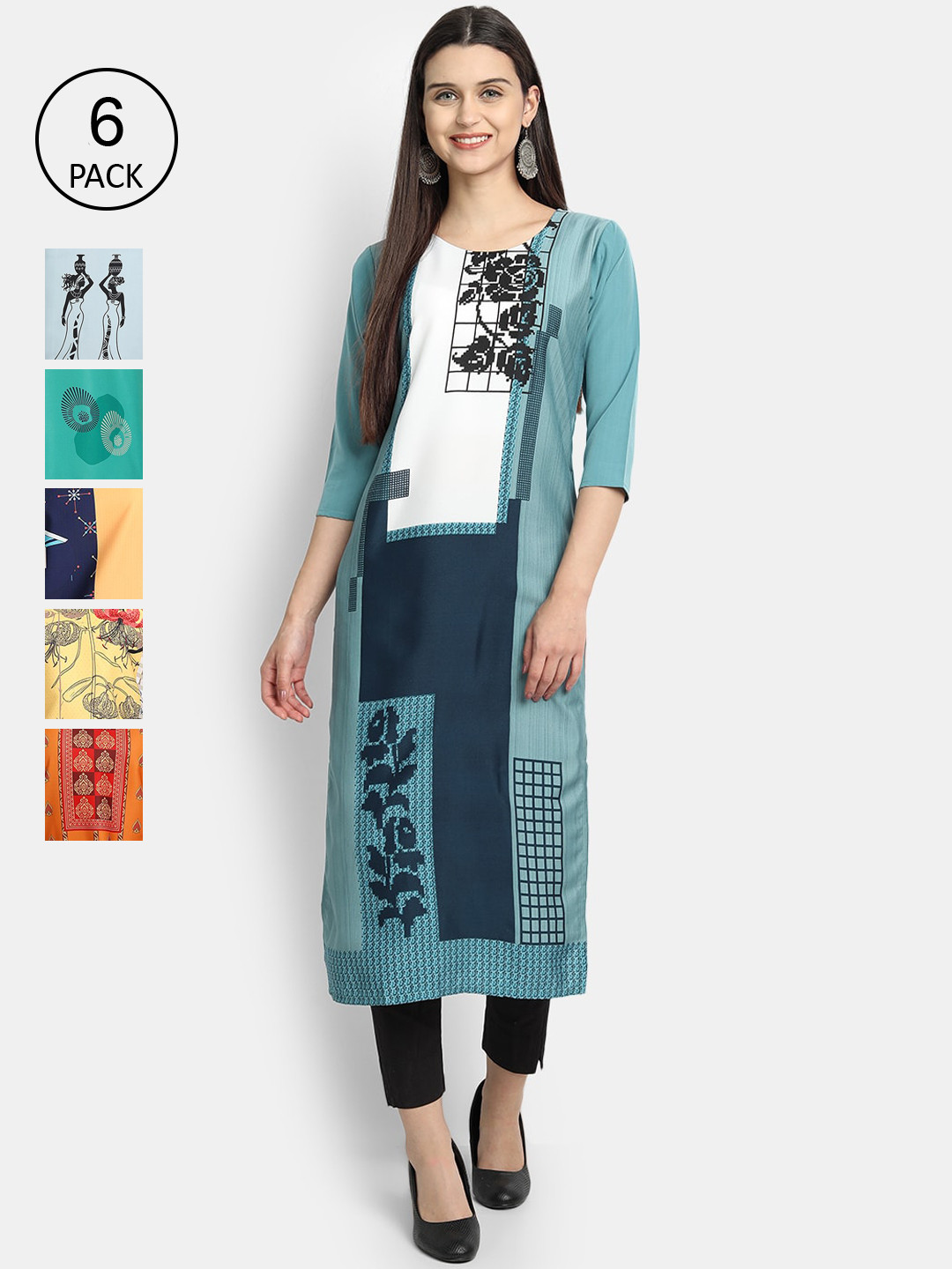 

7Threads Women Pack of 6 Digital Printed Straight Crepe Kurtas, Multi