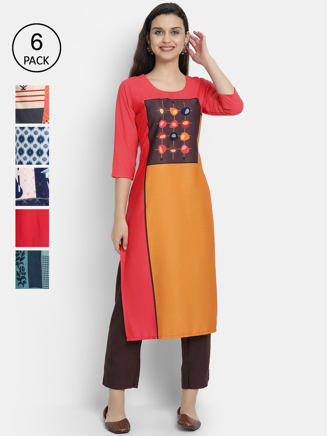 

7Threads Women Multicoloured Pack of 6 Printed Thread Work Crepe Kurta, Multi