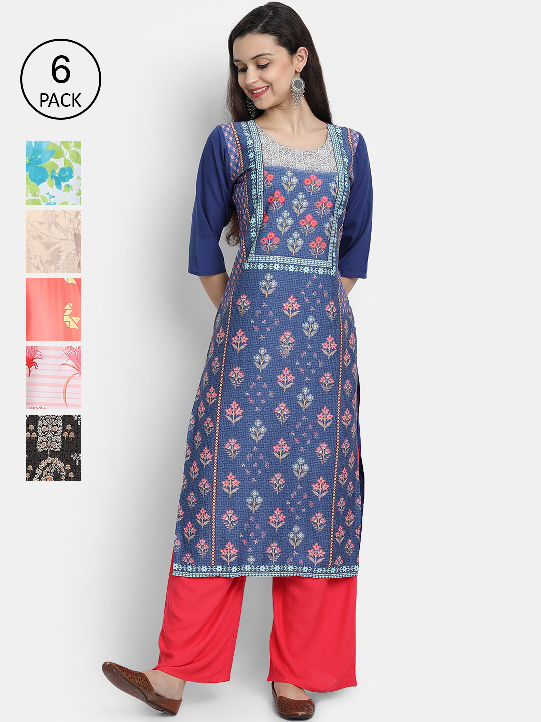 

7Threads Women Pack Of 6 Ethnic Motifs Printed Crepe Kurta, Multi