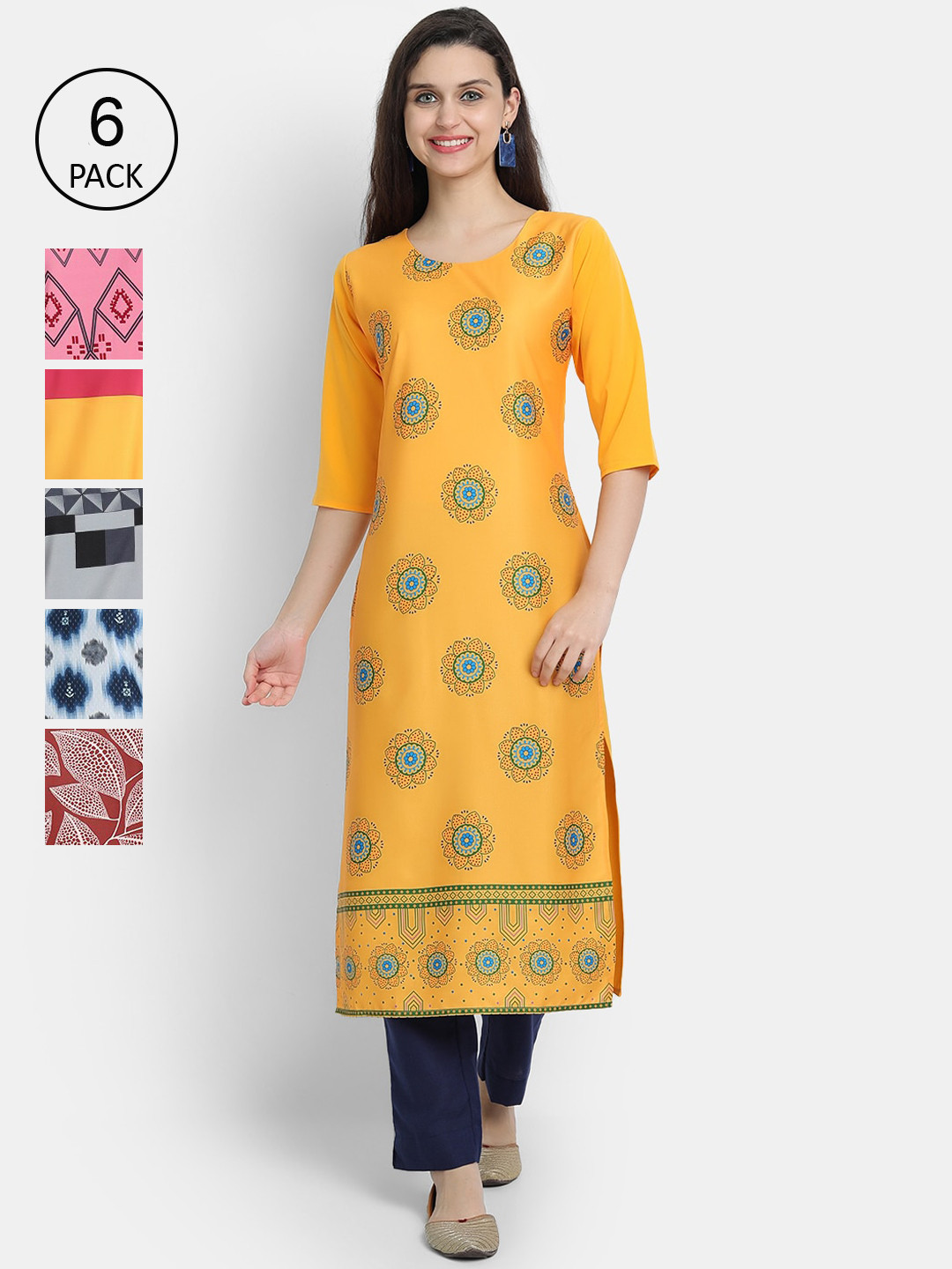 

7Threads Women Multicoloured Bandhani Embroidered Keyhole Neck Mirror Work Crepe Kurta, Multi