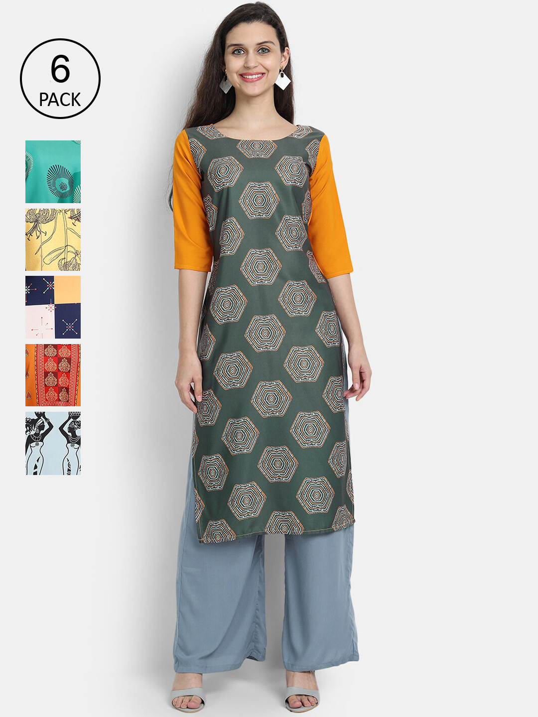 

7Threads Woman Pack of 6 Multicoloured Ethnic Motifs Printed Crepe Kurta, Multi