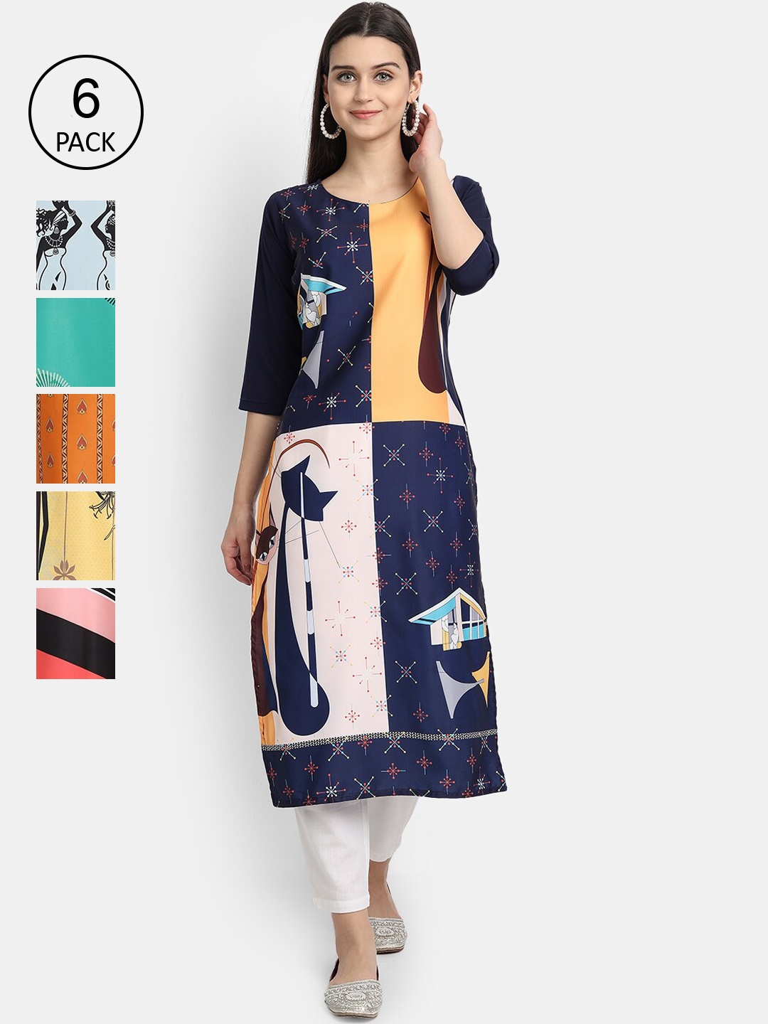 

7Threads Women Pack Of 6 Printed Crepe Kurta, Blue