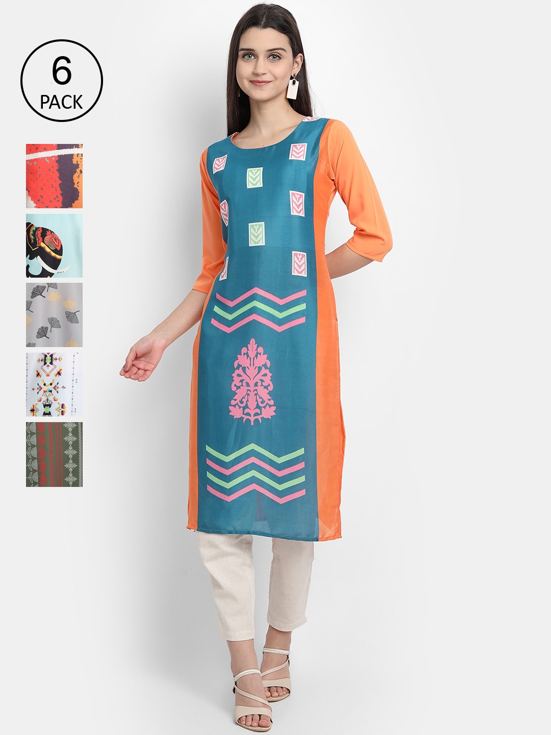 

7Threads Women Multicoloured Geometric Printed Thread Work Crepe Kurta, Multi