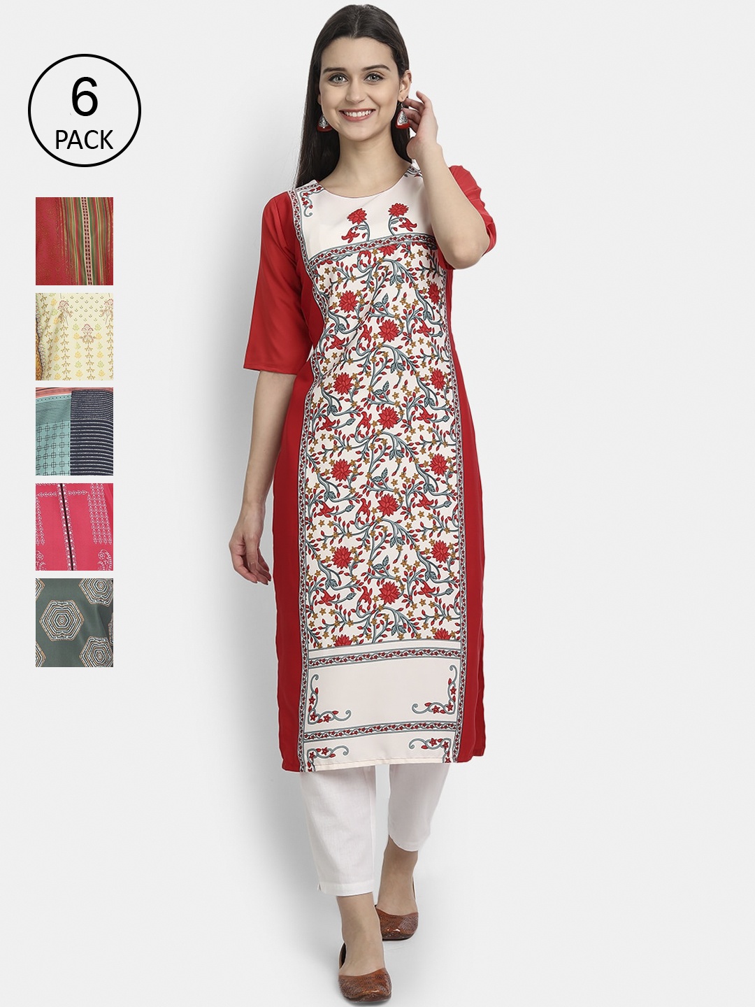 

7Threads Women Pack of 6 Floral Printed Kurtas, Multi