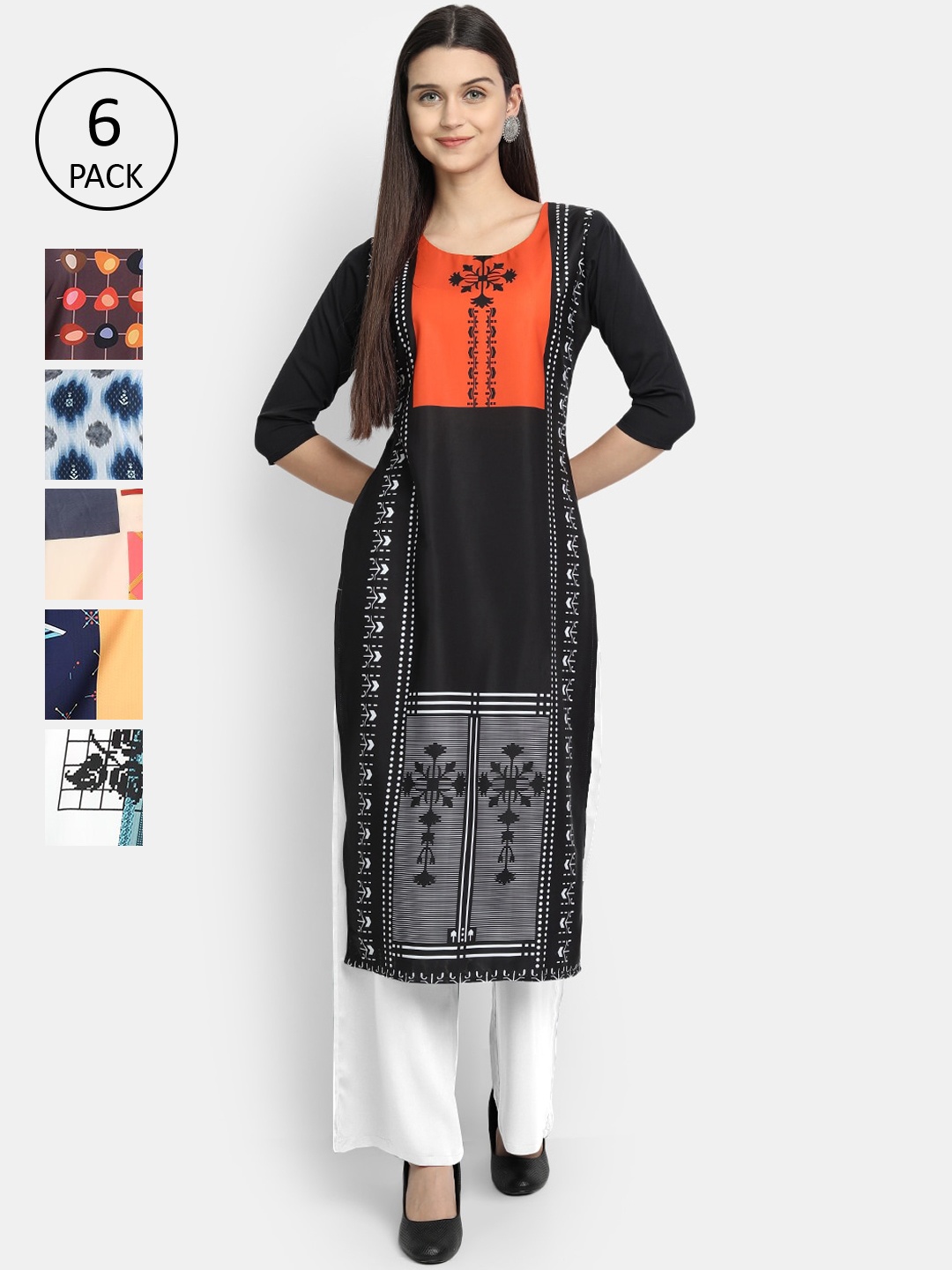 

7Threads Women Pack of 6 Geometric Printed Crepe Kurta, Multi