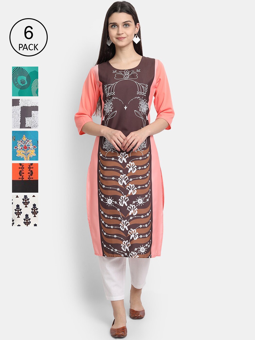 

7Threads Women Pack Of 6 Floral Printed Crepe Kurta, Brown