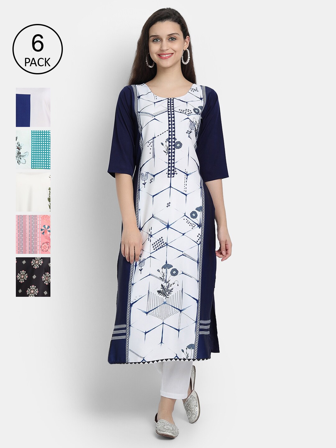 

7Threads Women Pack Of 6 Multicoloured Ethnic Motifs Printed Crepe Kurta, Multi