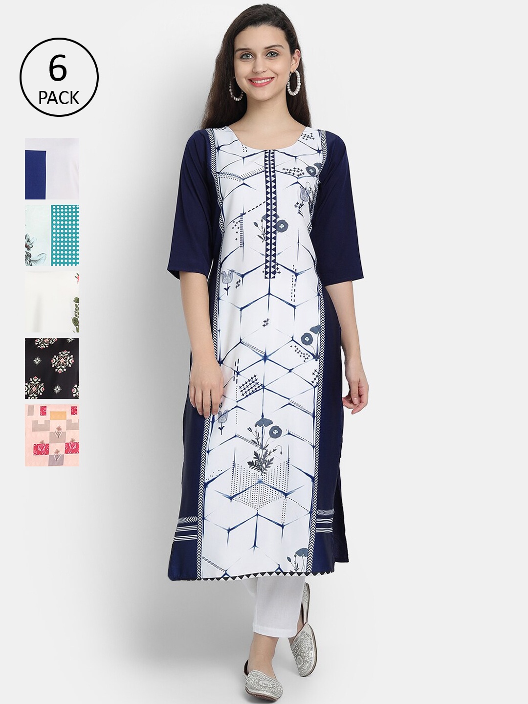 

7Threads Women Pack Of 6 Printed Crepe Kurtas, White