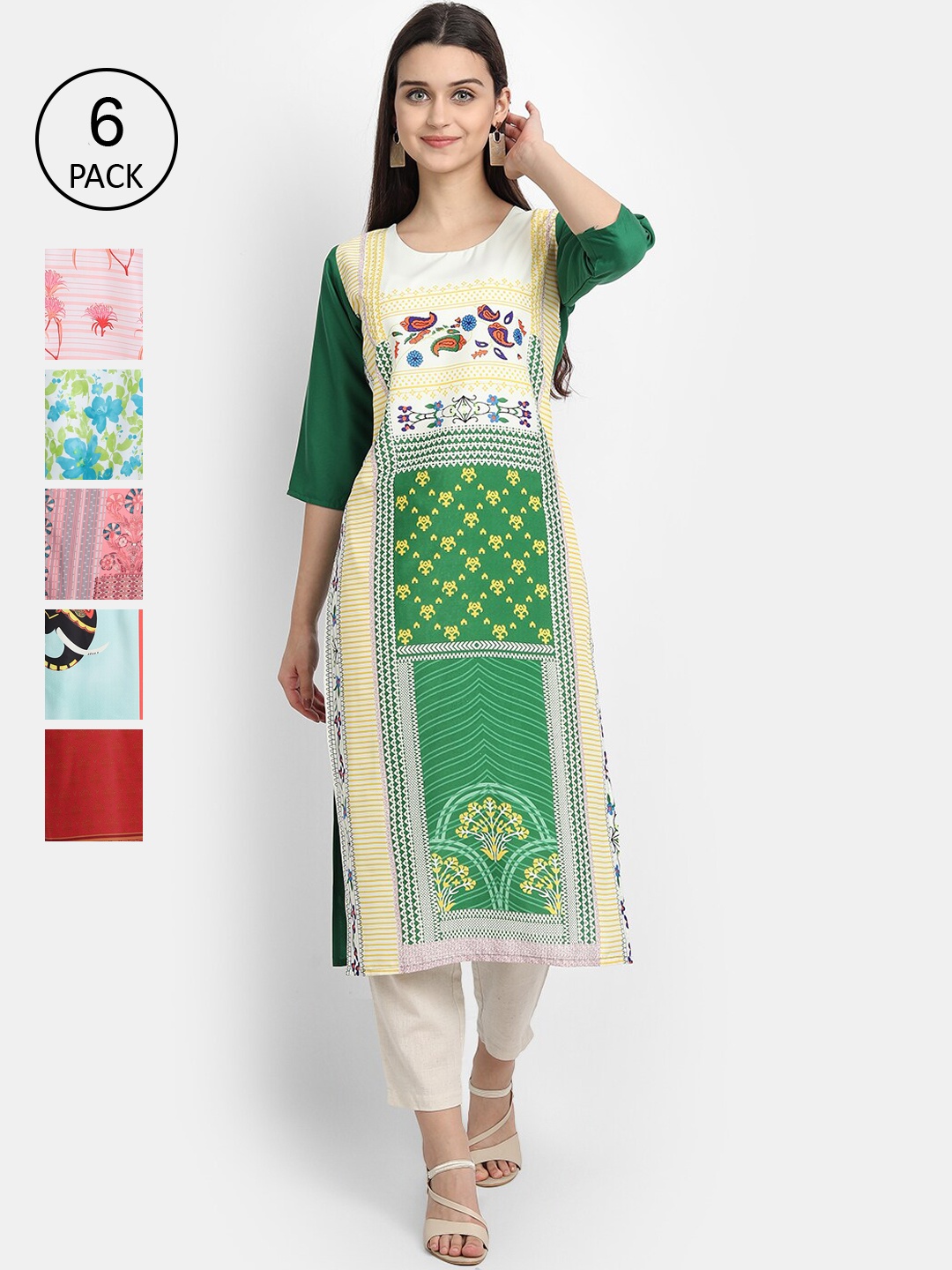 

7Threads Women Pack of 6 Multicoloured Printed Crepe Straight Kurta, Multi